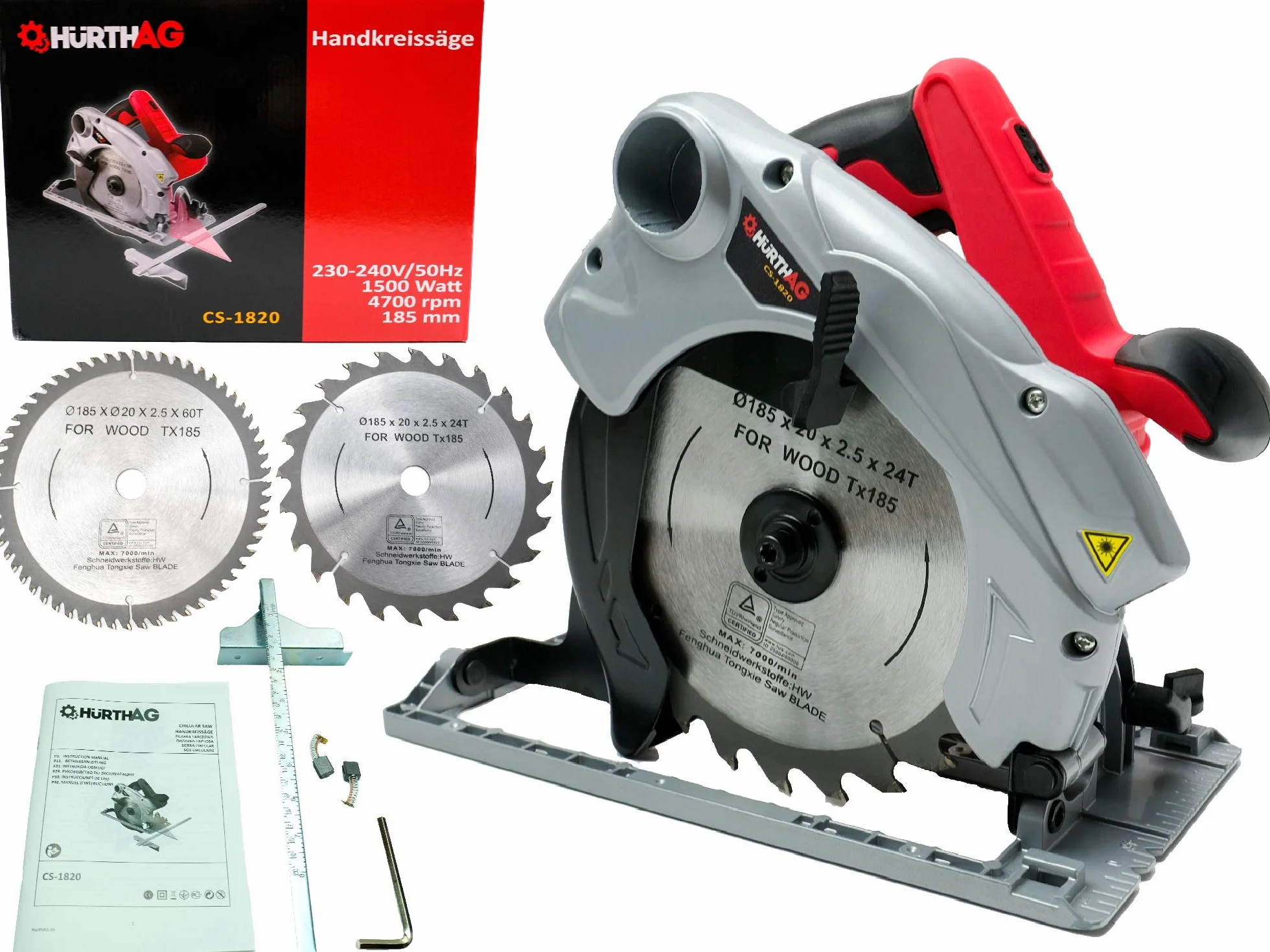 Piła tarczowa 1500 W 4700 RPM ręczna pilarka z prowadnicą laserową HurthAG CS-1820 piła ręczna + 2 tarcze 185 mm 24T+60T do precyzyjnego cięcia
