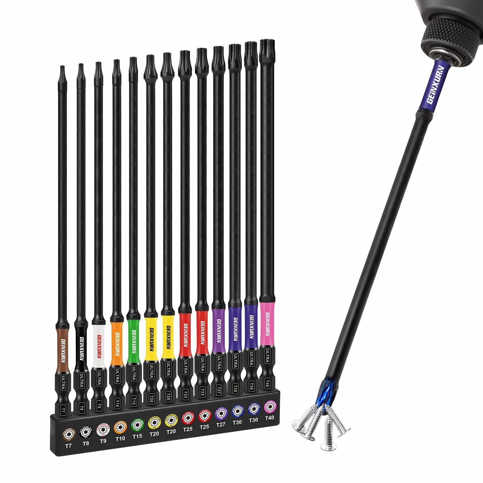 GEINXURN 13-częściowy zestaw bitów udarowych Torx T7-T40 150 mm długości, 1/4 cala trzpień sześciokątny S2 stal stopowa magnetyczne bity napędowe, ultra kod koloru