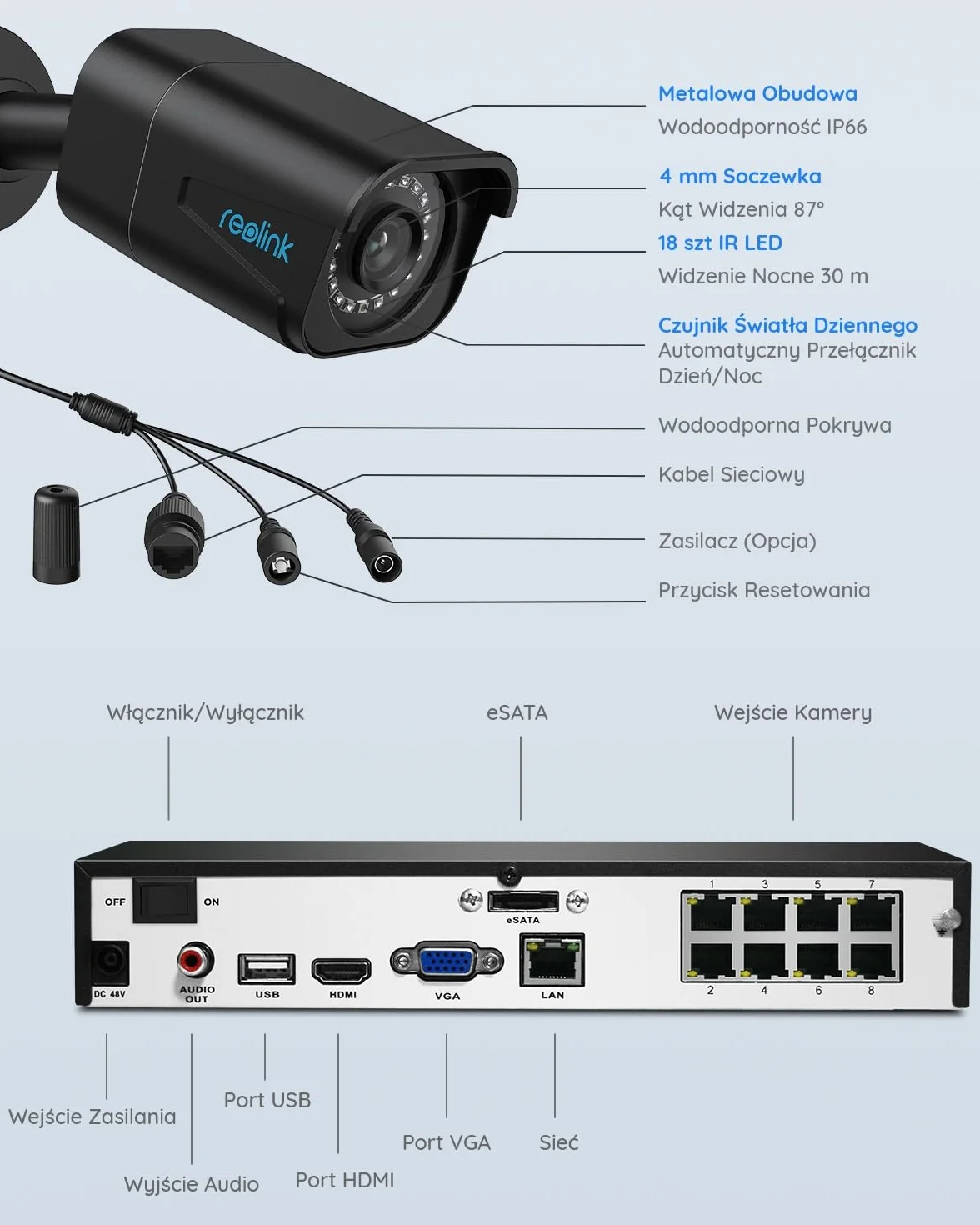 Reolink System kamer monitoringu 4K PoE, 4 szt. Wykrywanie osób/pojazdów 8MP zewnętrzne kamery CCTV IP PoE NVR 8-kanałów z HDD 2 TB do nagrywania 24/7, Noktowizja, Audio, RLK8-800B4-A Czarny