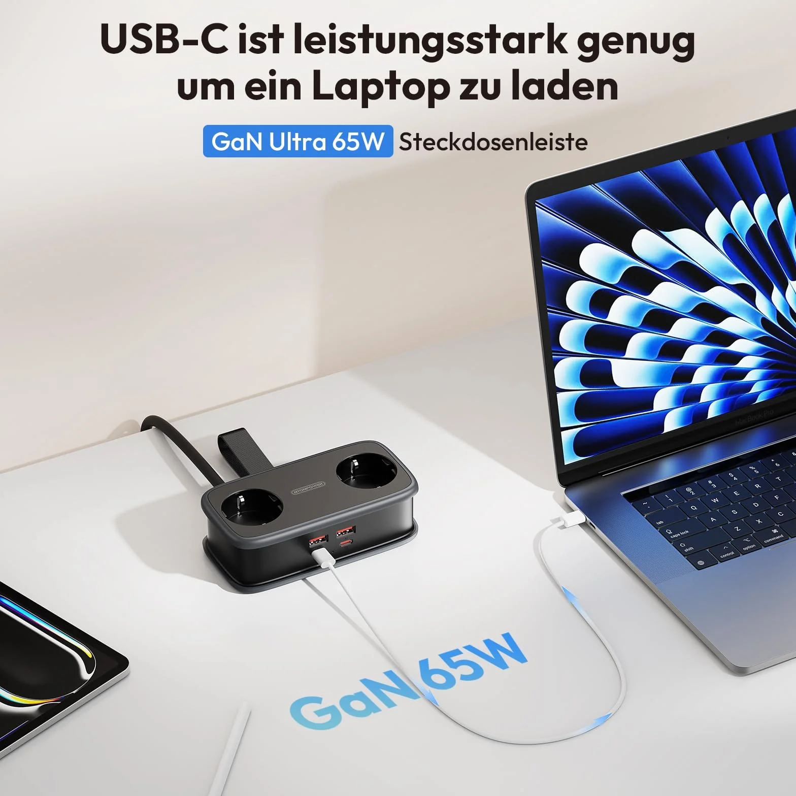 Listwa zasilająca NTONPOWER 2 gniazda USB-C 65W PD płaska wtyczka 2500W 1,5m czarna