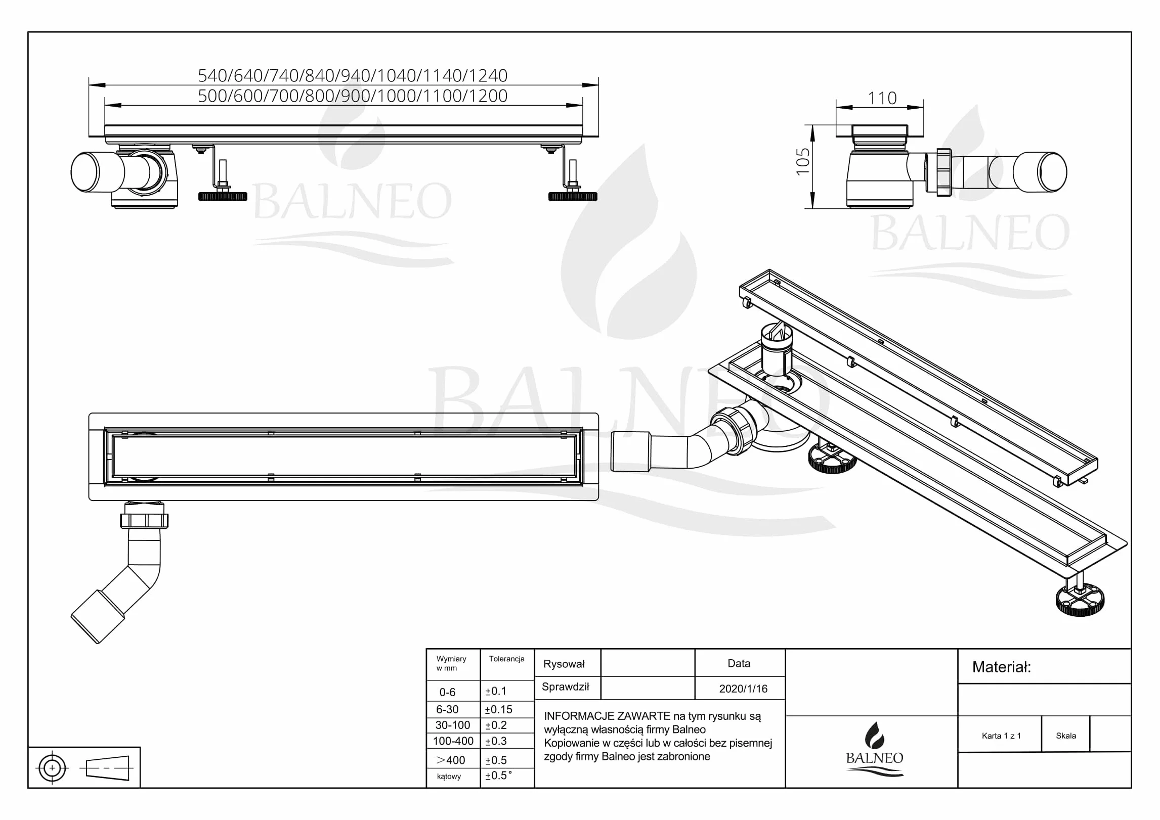 Odpływ liniowy 60 cm ze stali nierdzewnej, z bocznym syfonem, kompletny zestaw, odpływ prysznicowy dwustronny z panelem lub pod płytkę, Side Drain 2w1