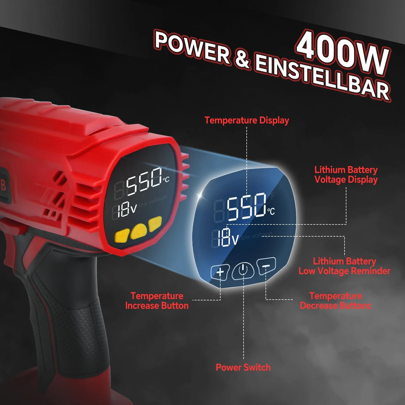Bezprzewodowy pistolet na gorące powietrze z wyświetlaczem do akumulatora litowo-jonowego Milwaukee 18 V, 400 W 1022℉ (550℃) opalarka z zabezpieczeniem przed przeciążeniem, 4 dysze do spawania
