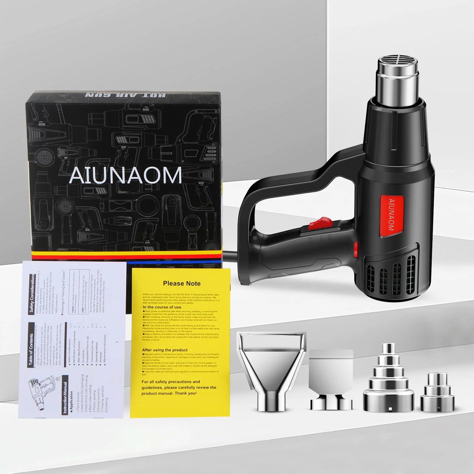 AIUNAOM Pistolet na gorące powietrze 2000W, 50℃-650℃, z bezstopniową regulacją temperatury i 2 ustawieniami przepływu powietrza. Idealny do ogrzewania, odmrażania i spawania