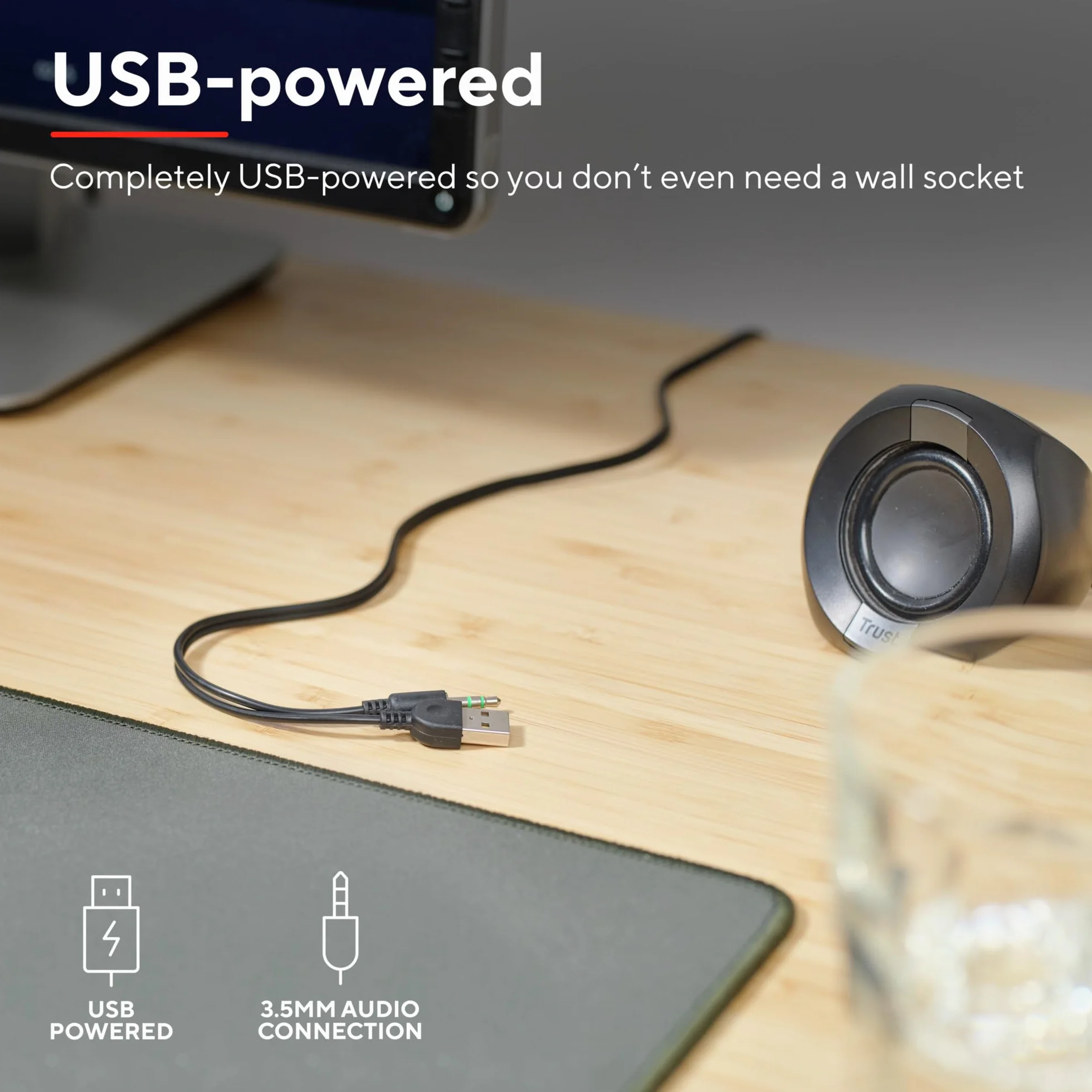 Trust Polo mały głośnik PC 2.0, 8 W (4 W RMS), kompaktowy zestaw głośników, zasilanie USB, zintegrowane sterowanie, AUX 3,5 mm, PC Box, komputer laptop – czarny