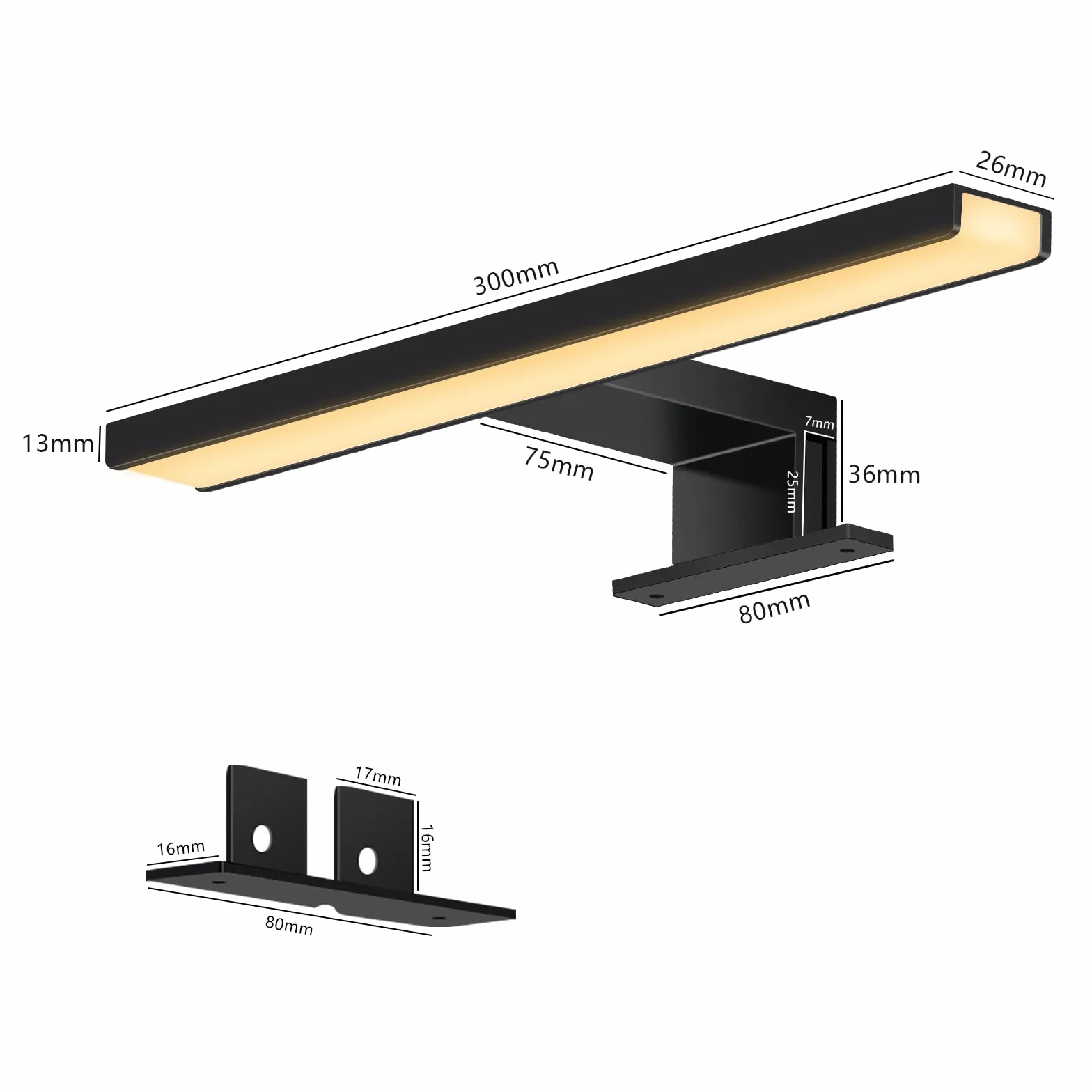 ERWEY 2 w 1 LED lampa nad lustro, 30 cm, IP44, łazienkowa, do makijażu, 230 V, światło do szafy, ciepła biel, zabudowy, zaciskowa, ścienna (czarna)