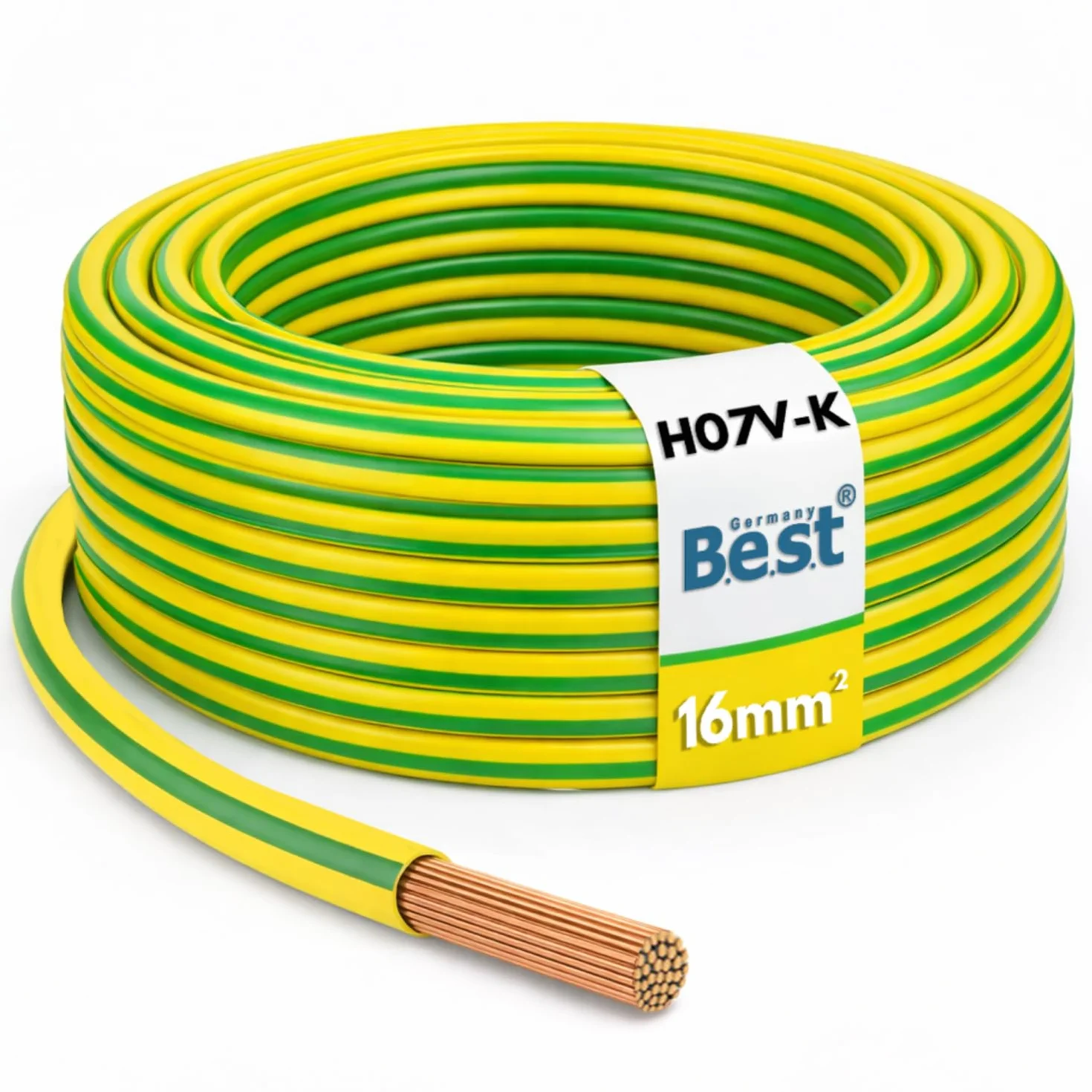Przewód uziemiający 10 m, 16 mm², zielono-żółty, elastyczny – przewód żyłowy PCW H07V-K do instalacji PV, okablowania, przewodów instalacyjnych, przewodów miedzianych, cienkożyłowych, przewodu