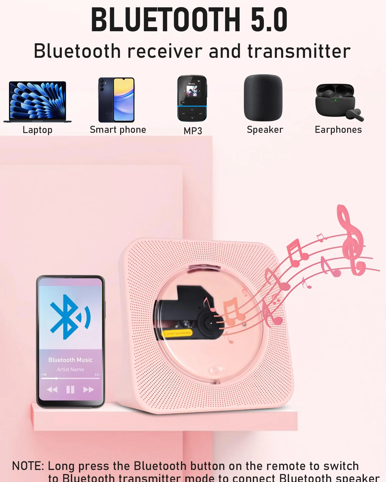 Odtwarzacz CD Stereo, Odtwarzacz CD Bluetooth z Pilot Zdalny, Wbudowany Głośnik, FM, Wejście USB, Wejście/Wyjście AUX, Różowy Domowy Przenośny Odtwarzaczs CDs