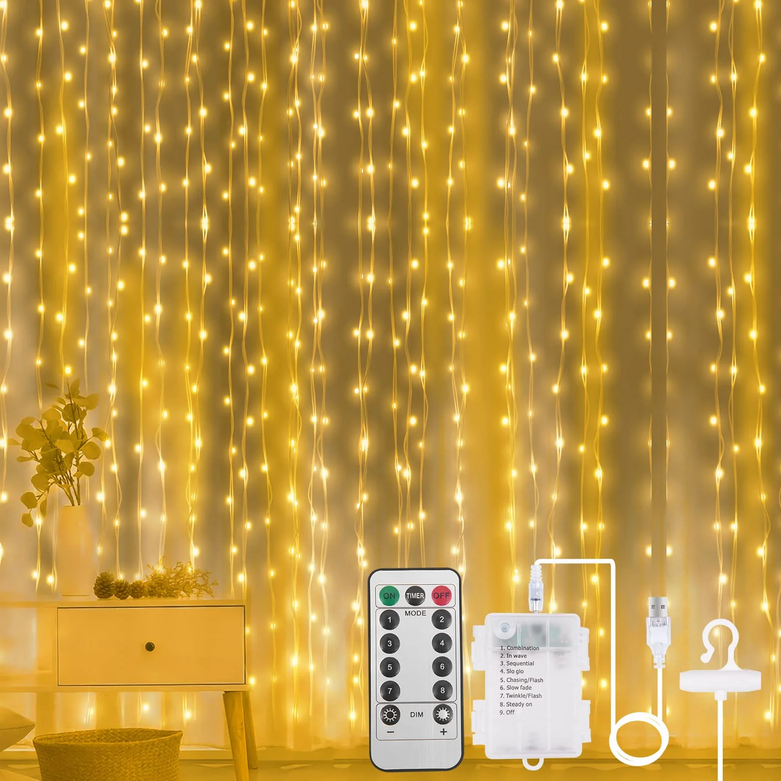 AOMIG Kurtyna świetlna LED, 3 × 3 m, 300 diod LED, 8 trybów, zdalne sterowanie, timer, regulowana jasność, wodoodporna, okienna, zasilanie USB i baterią, do sypialni, na imprezę, ciepła biel