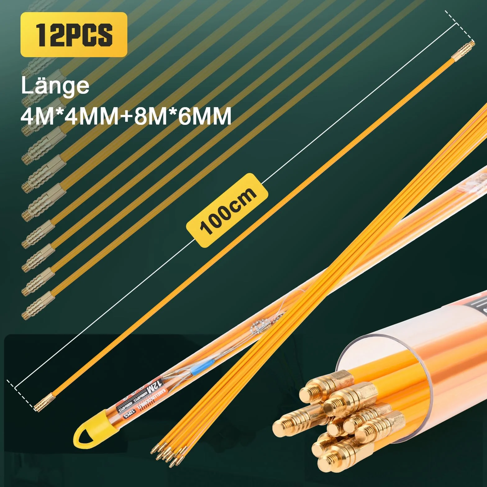 12M Wstążka do wprowadzania kabli, 4 pręty x 100 cm x 4mm pręty kablowe i 8 prętów x 100 cm x 6mm pręty kablowe z 9 adapterami do rurek pustych do układania kabli