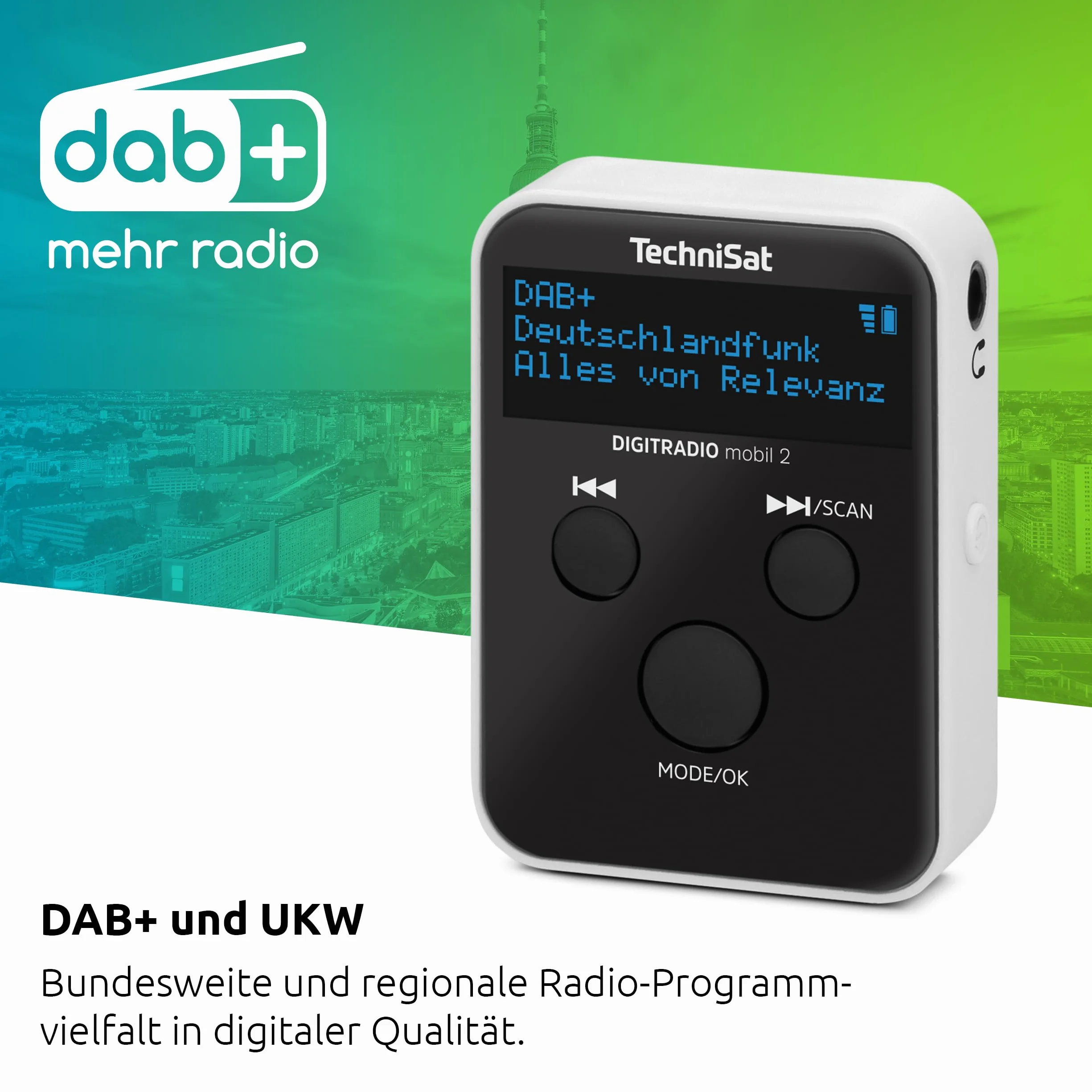TechniSat Digitradio mobilne 2 przenośne radio DAB+ FM z wbudowanym akumulatorem OLED czarno-białe