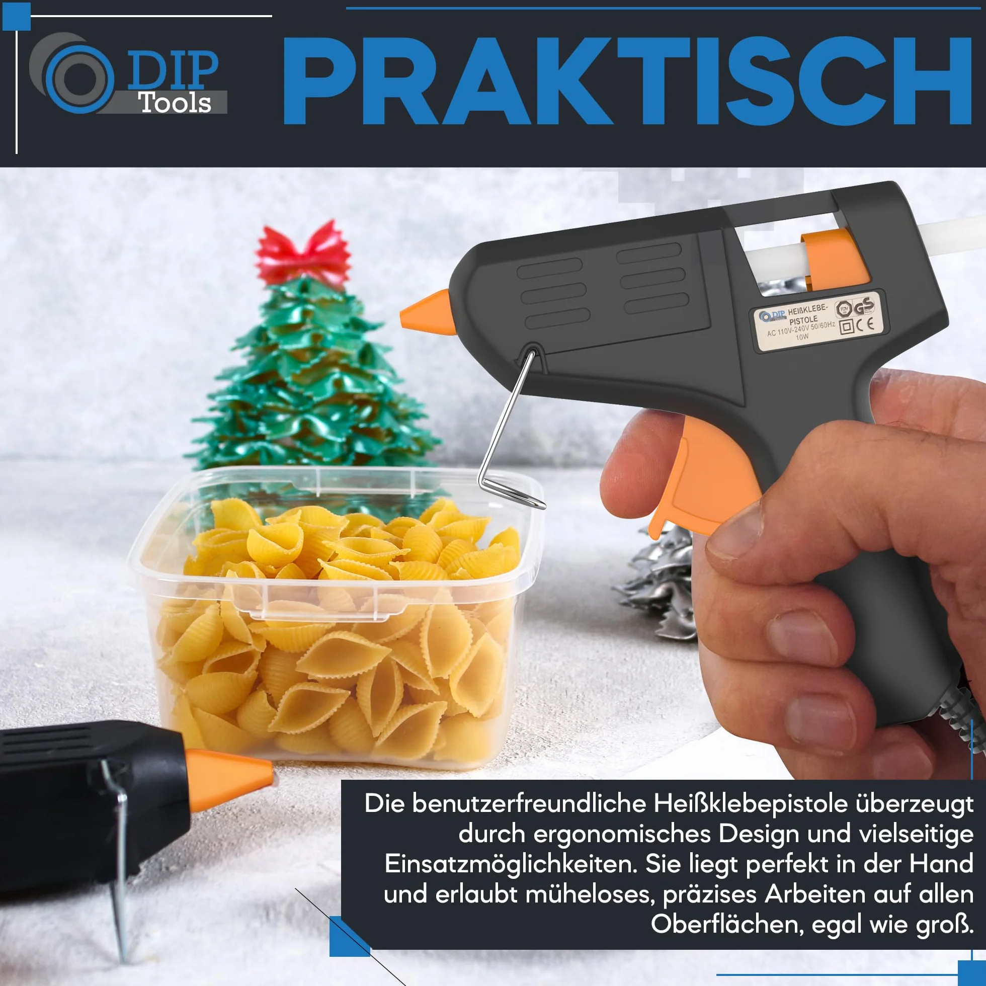 DIP Tools Pistolet do klejenia na gorąco 7.2 mm – pistolet do klejenia na gorąco z 10 wkładami bez rozpuszczalników – Glue Gun zabezpieczony przed wyciekiem, idealny do majsterkowania, dekorowania