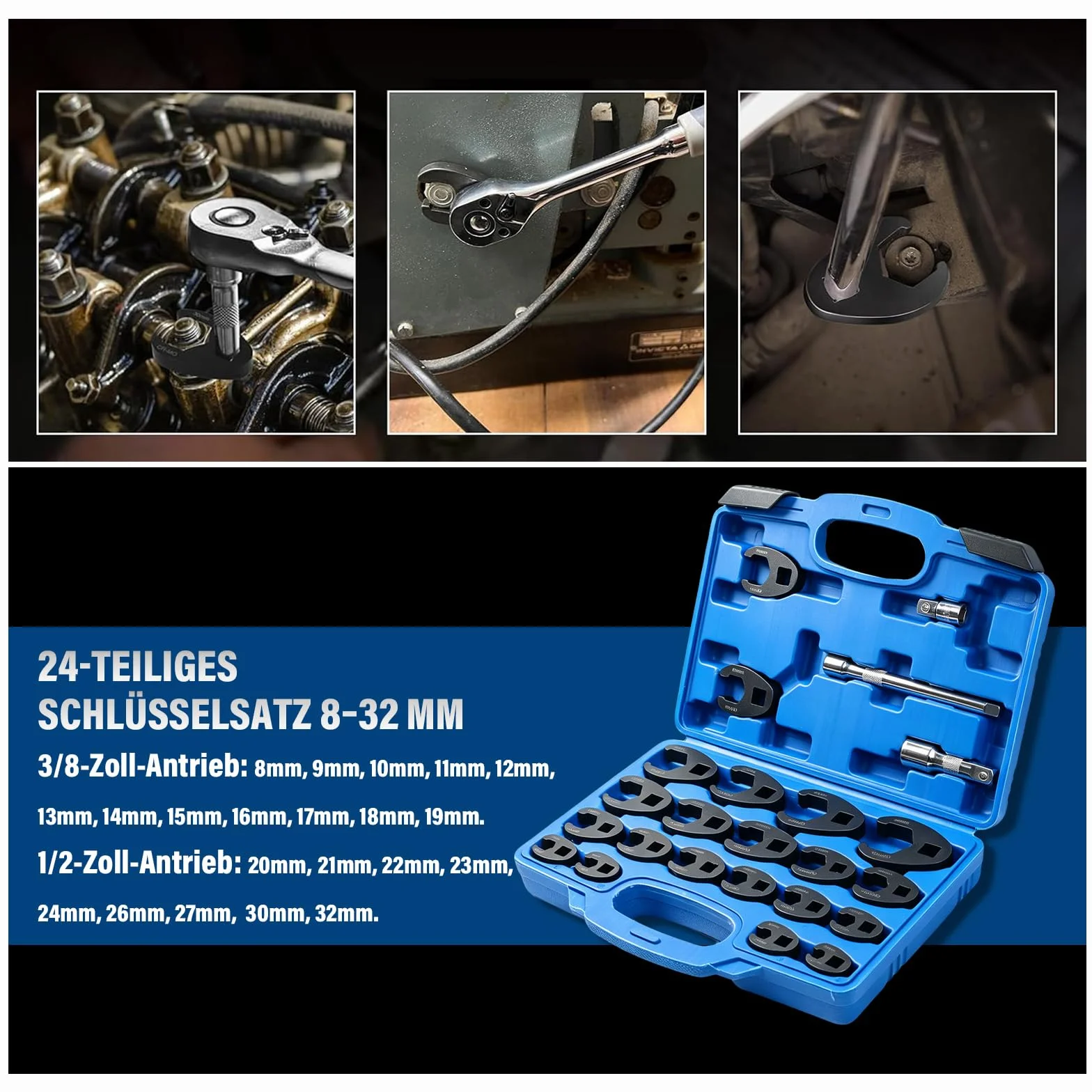 Zestaw 24-częściowy klucz do koguta, 1/2" 3/8" napęd czworokątny | metryczny 8-32 mm, przedłużenie, uchwyt przegubowy, klucz płaski z pudełkiem do przechowywania, klucz nasadowy moment obrotowy