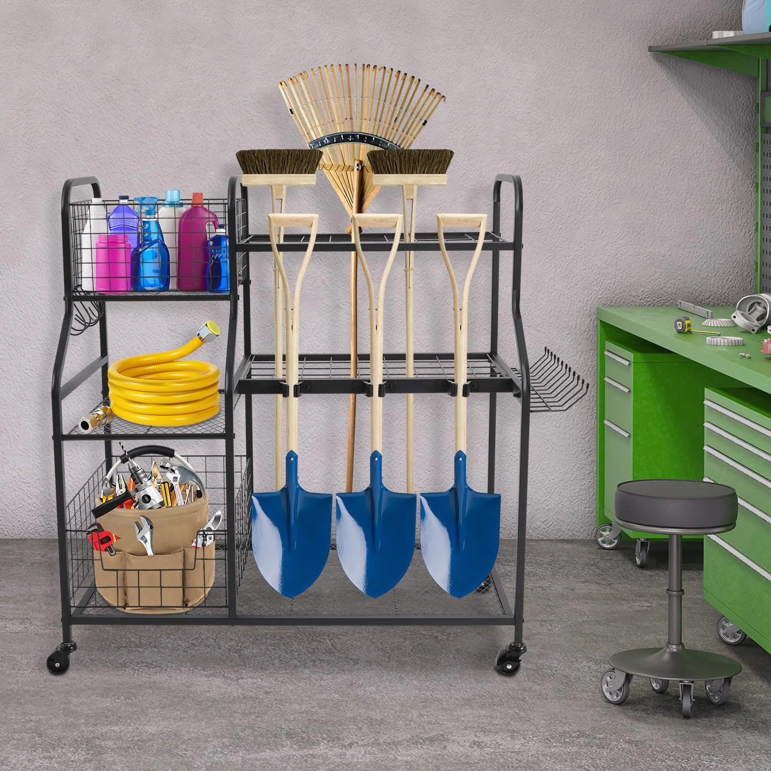 Organizer na narzędzia ogrodowe 91,95*41,91*94cm Garden Tool Organizer z 4* uniwersalnymi rolkami i podkładkami pod stopy, stojak na narzędzia ogrodowe do przechowywania narzędzi ogrodowych, urządzeń