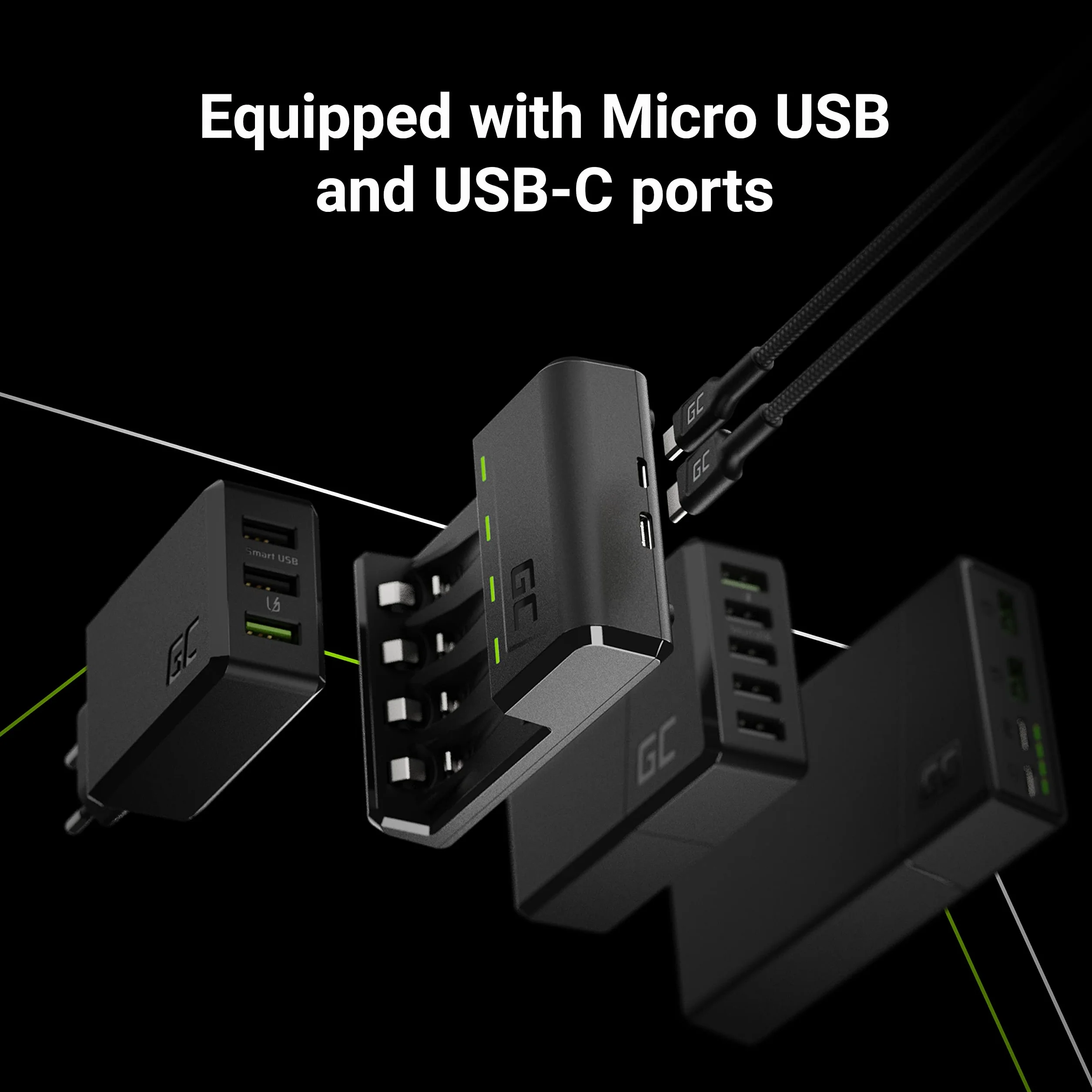 Green Cell Ładowarka akumulatorów VitalCharger Ni-MH AA R6 Mignon i AAA R03 z portami Micro USB i USB-C, 4-kanałowy system ładowania, sygnalizacja LED.