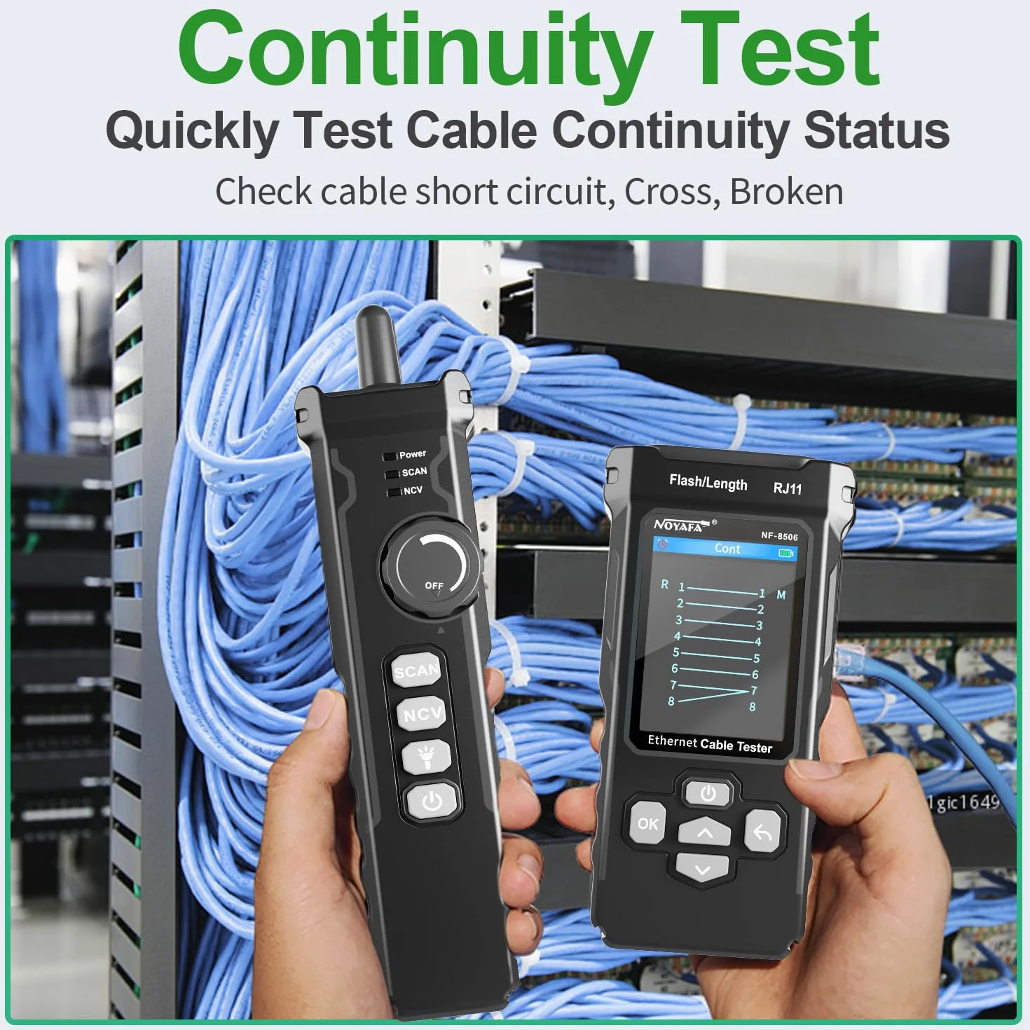 NOYAFA Tester kabli sieciowych ze skanerem IP, tester Ethernet CAT5E CAT6, test Ping PoE, miganie portów, toner kablowy TDR do RJ11 RJ45 Ethernet