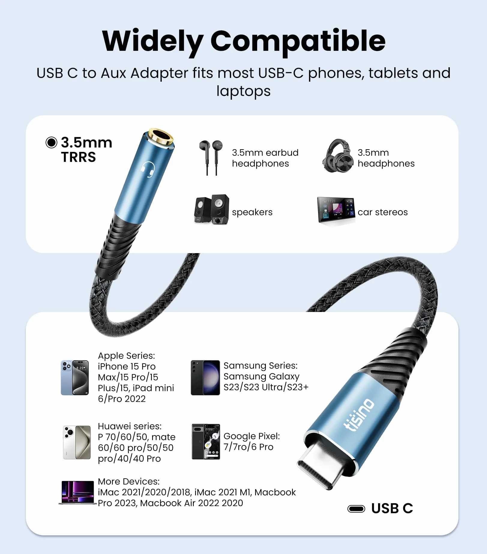Tisino Adapter USB C na Jack 3,5 mm TRRS Żeński, Hi-Res DAC 384kHz/32Bit, Kabel USB C na AUX do Słuchawek, Kompatybilny z iPhone 16/15, Galaxy S24/S23/S22 1m