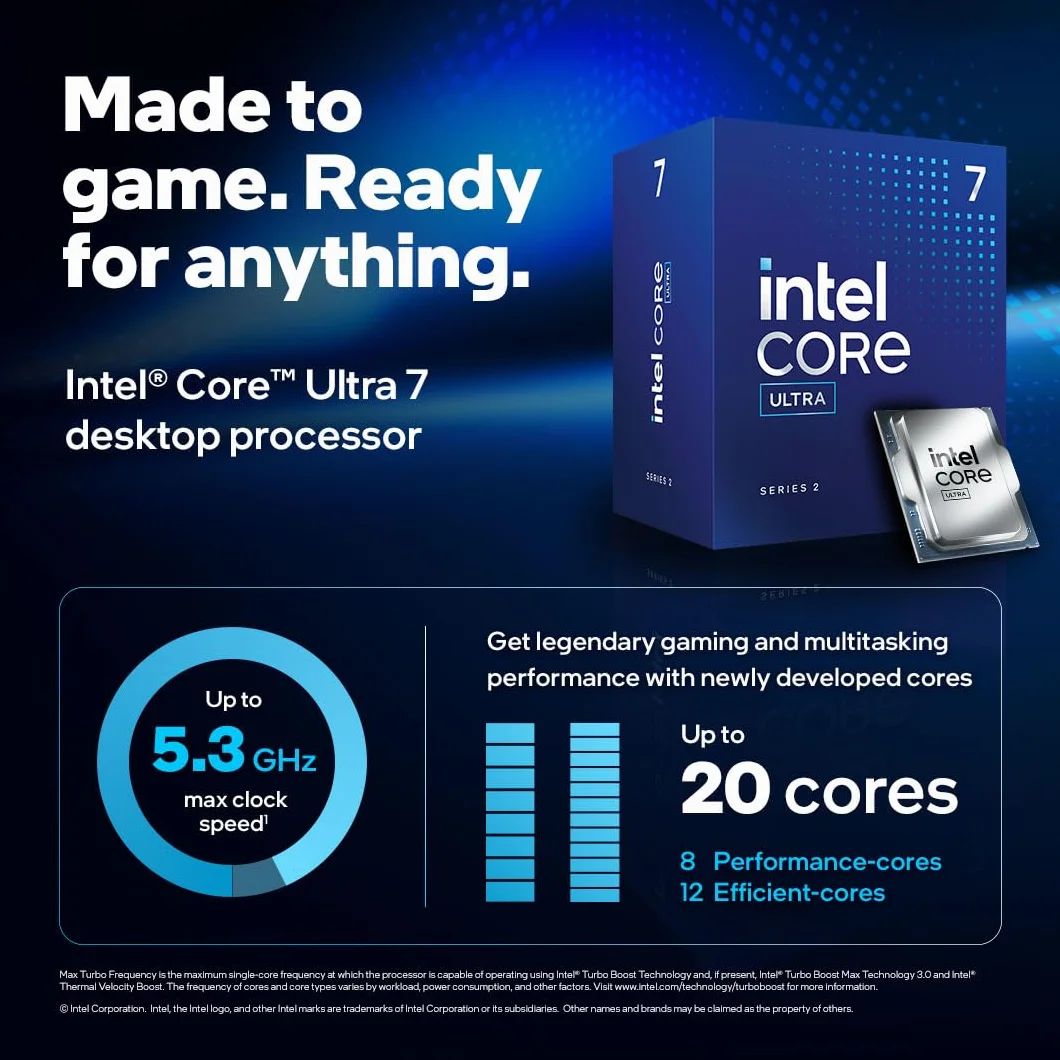Procesor Intel Core Ultra 7 265 do komputerów stacjonarnych. 20 rdzeni (8 rdzeni wydajnościowych + 12 energooszczędnych) do 5,3 GHz.