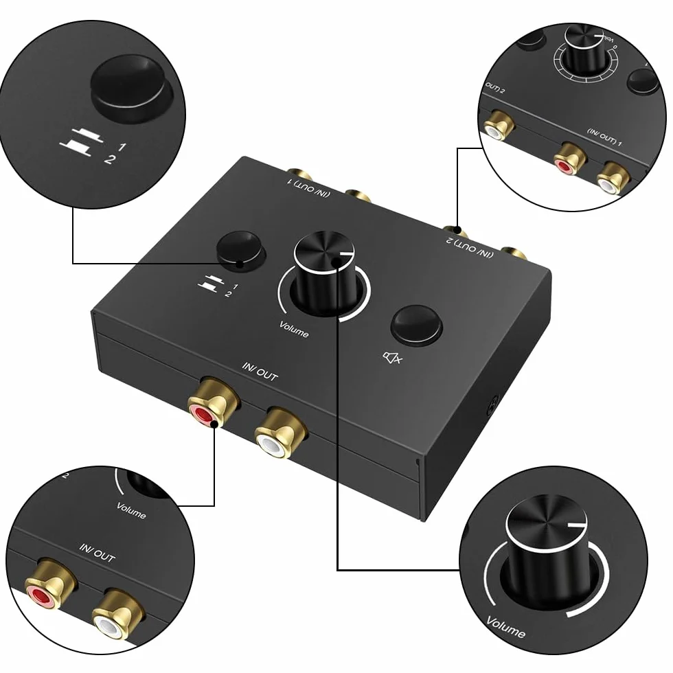 Optyczny przełącznik audio RCA Stereo Audio Switch 2 w 1 wyjściem, analogowy z kontrolą głośności i kablem RCA