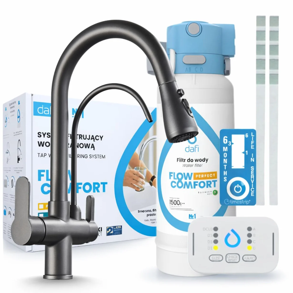 Armatura kuchenna Nordic z systemem filtra wody Dafi Flow Comfort D1 3-drożna armatura wyciągana wylewka, obracana o 360°, oddzielny wylewka, 4-stopniowa filtracja, wskaźnik LED (grafitowa)