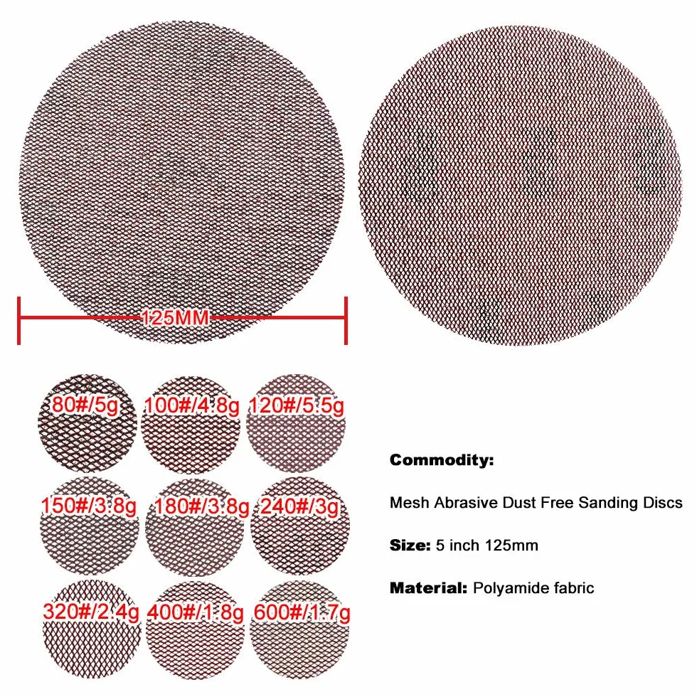 Tarcze ścierne siatkowe 5-calowa siatkowa tarcza ścierna 125 mm papier ścierny 80-600 z haczykiem na pętelkę bezpyłowy antyblokujący do lakieru samochodowego wykończenie metalu polerowanie(180 Grit)