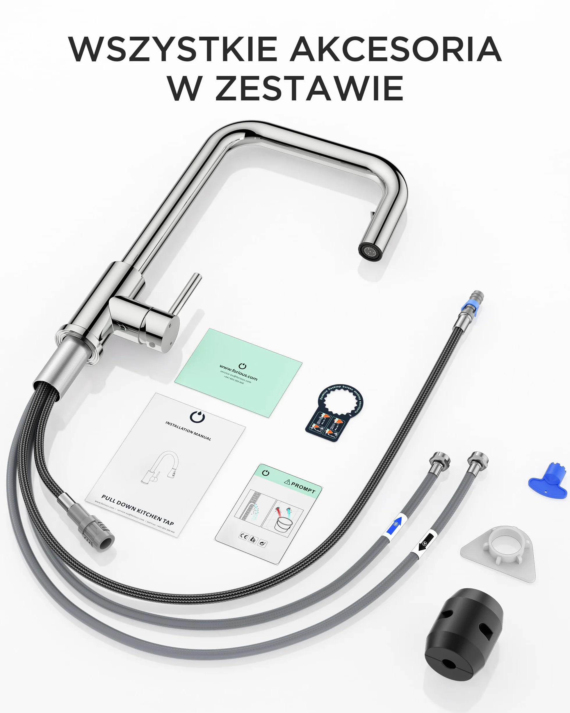 FORIOUS Bateria kuchenna, Kran Kuchenny z wyciąganą wylewką, bateria Zlewozmywakowa obracana 360°, jednouchwytowa do wody ciepłej i zimnej, Polerowany Chrom