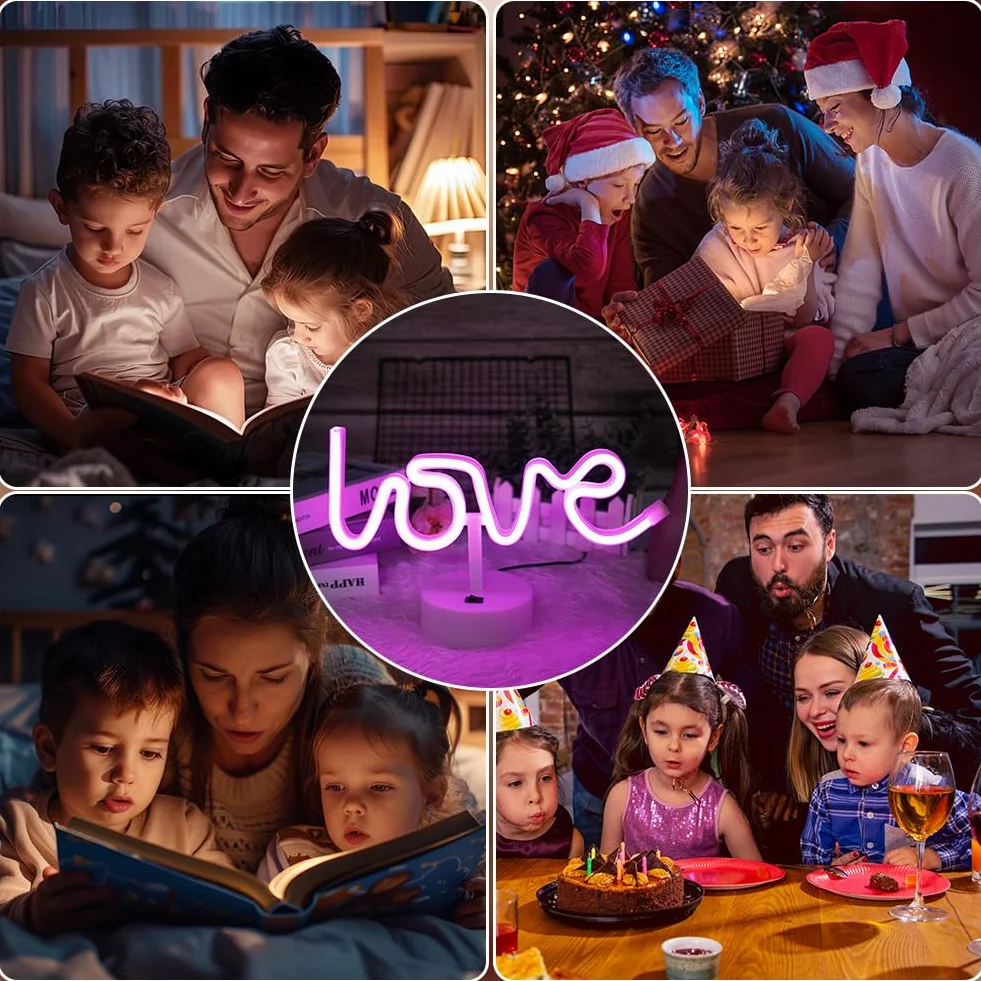HOTUT Neon z podstawą, LOVE neonowe znaki, Podświetlana dekoracja neonowa LED, zasilane bateriami USB lub 3-AA, neonowe światło, dekoracja stołu LED, na Bedroom Birthday Wedding Party
