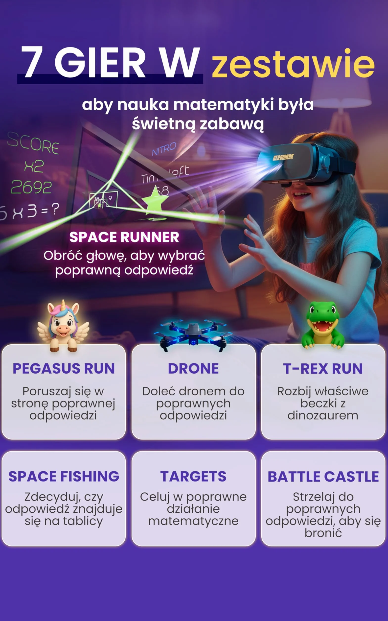 Heromask Gogle VR dla dzieci z edukacyjną grą matematyczną Nauka tabliczki mnożenia w 3D Interaktywna zabawka 5-12 lat