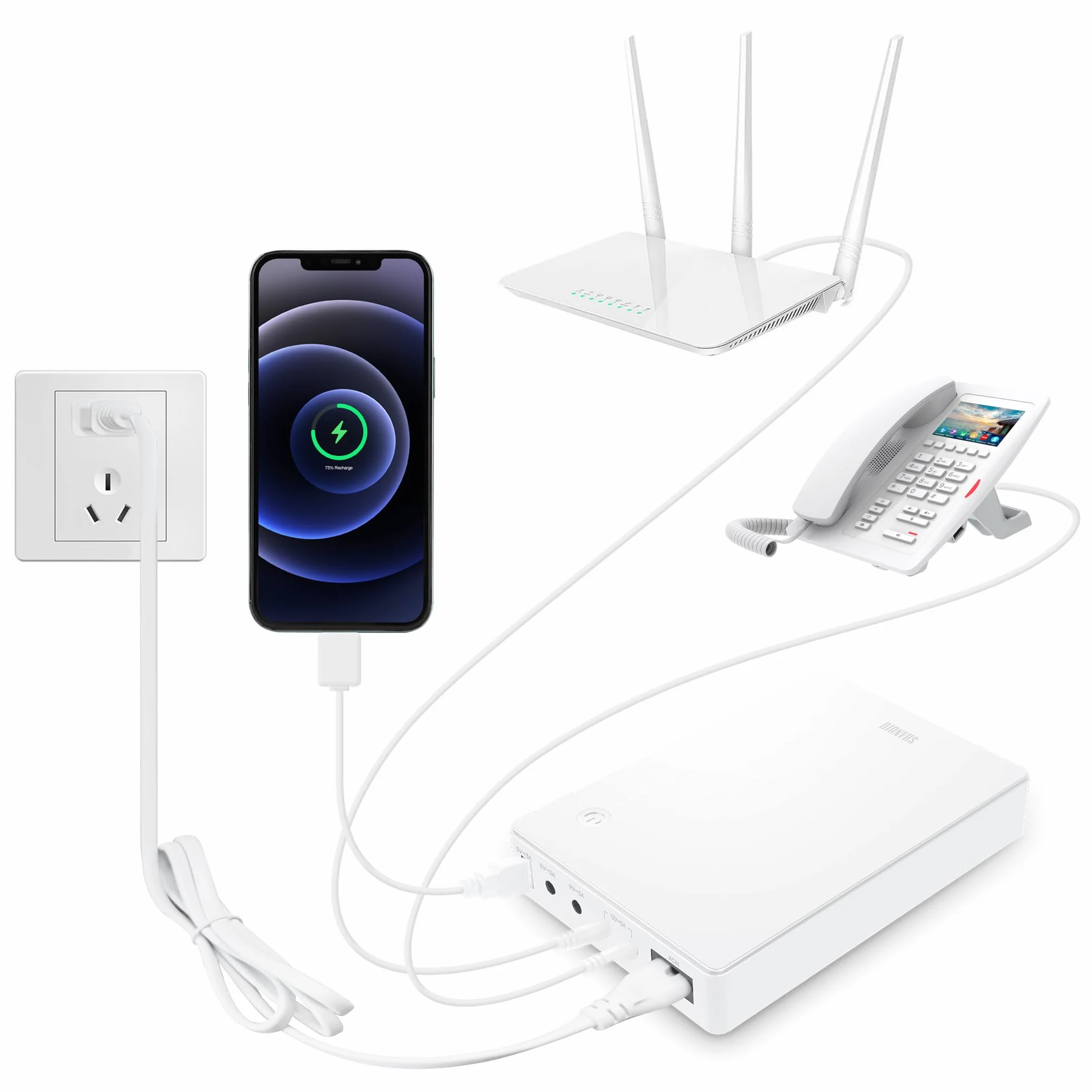 Mini UPS bezprzerwowe zasilanie routera 5V 9V 12V 74 Wh biały