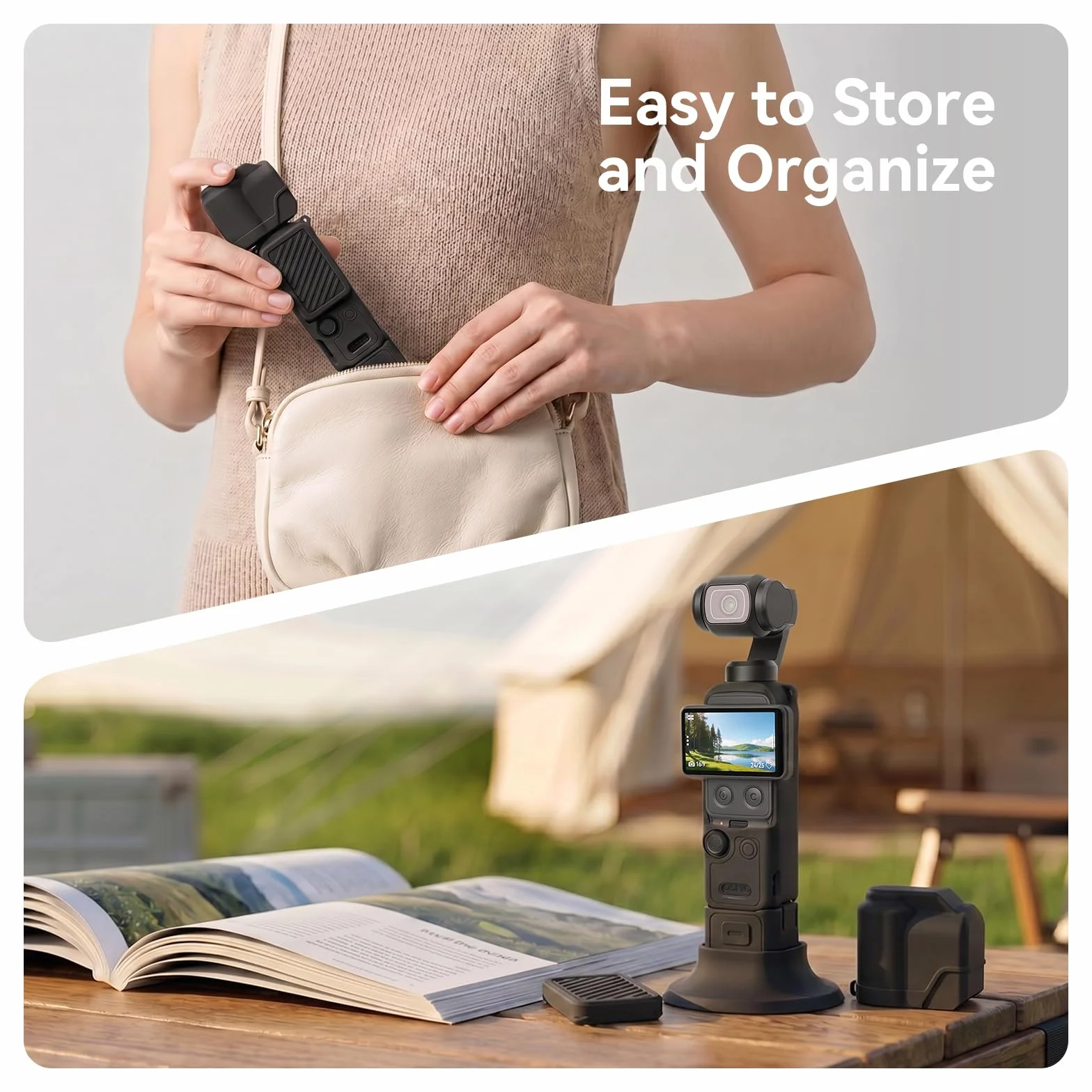 AMAZEAR Silikonowe etui do DJI OSMO Pocket 4, akcesoria, miękkie etui ochronne, zestaw combo z hartowanego szkła, ochrona wyświetlacza, ochrona obiektywu, silikonowy stojak (czarny)