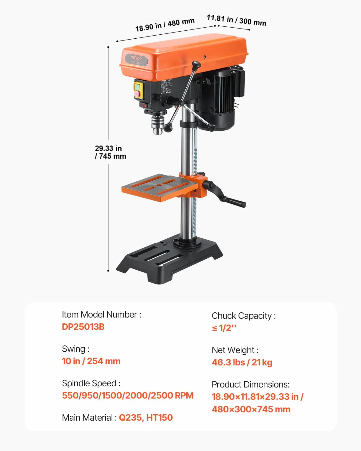 VEVOR Wiertarka kolumnowa 550 W silnik indukcyjny 550 W regulowana prędkość 550/950/1500/2000/2500 obr./min, stół roboczy przechylany od 0 do 45°, do drewna i metalu