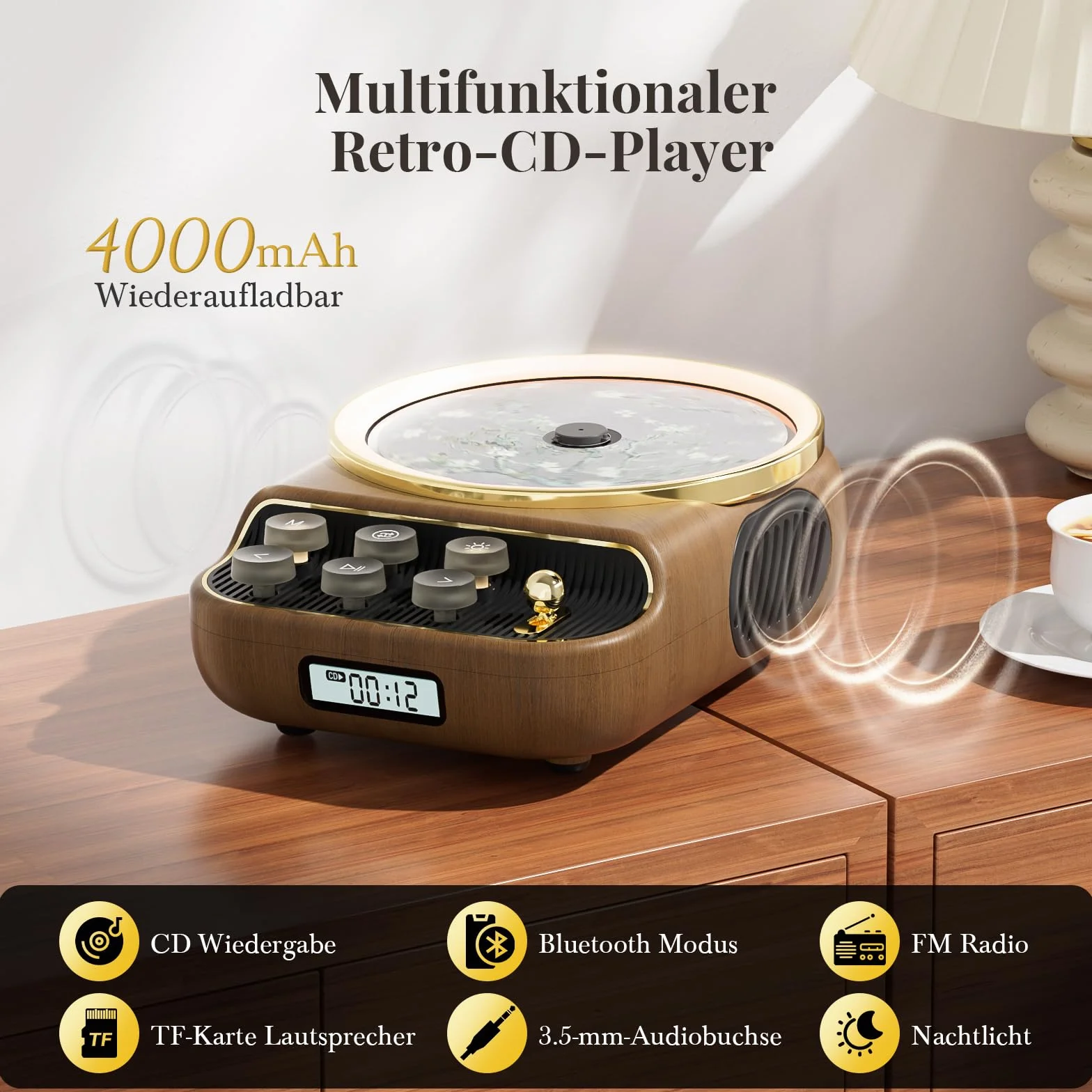 Przenośny odtwarzacz CD retro z Bluetooth 5.3, radio FM, głośnik HiFi, lampka nocna