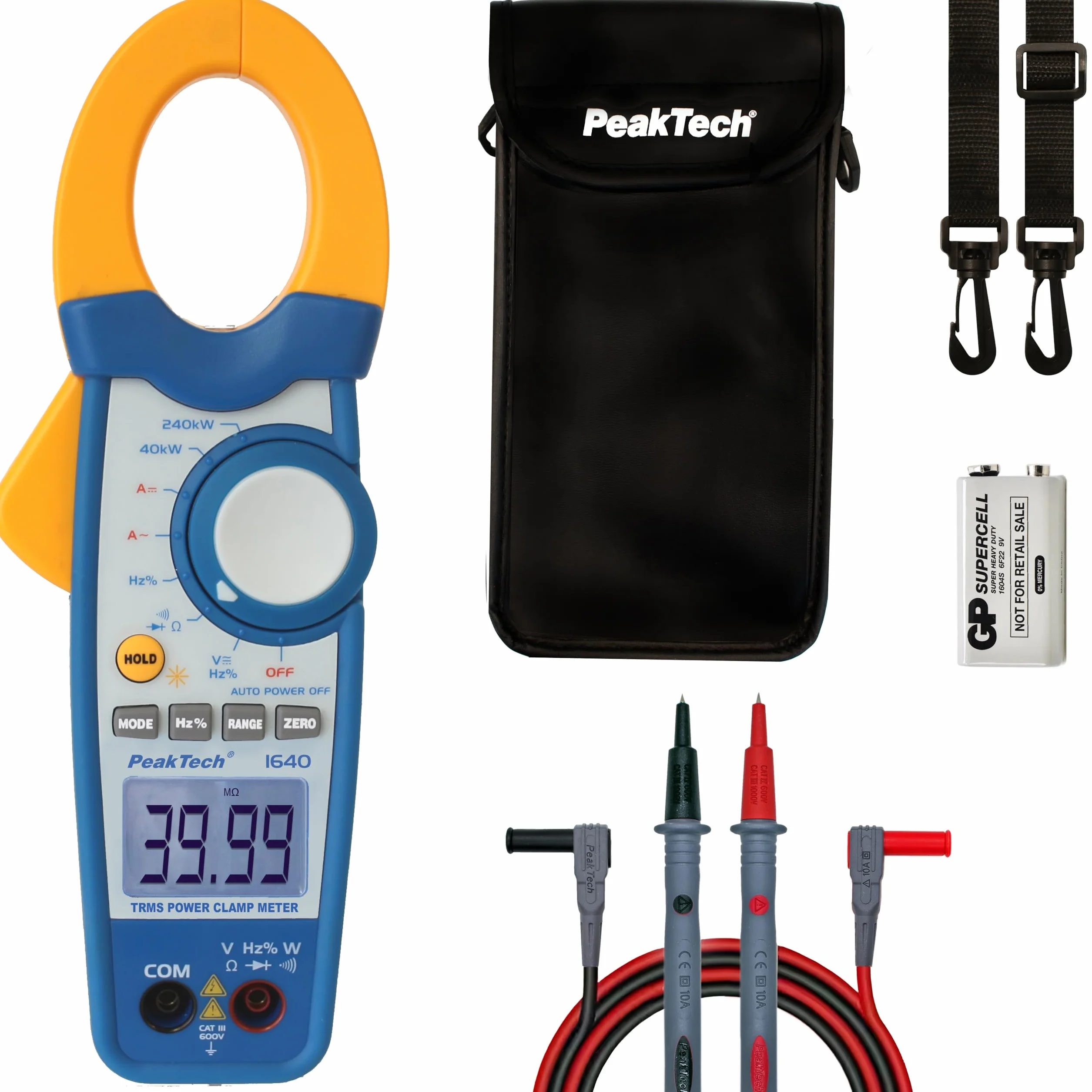 PeakTech P 1640 - Amperomierz cęgowy ~ 4,000 zliczeń ~ 1000 A AC/DC z funkcją TrueRMS, DMM i 240 kW pomiaru mocy - 1-fazowy