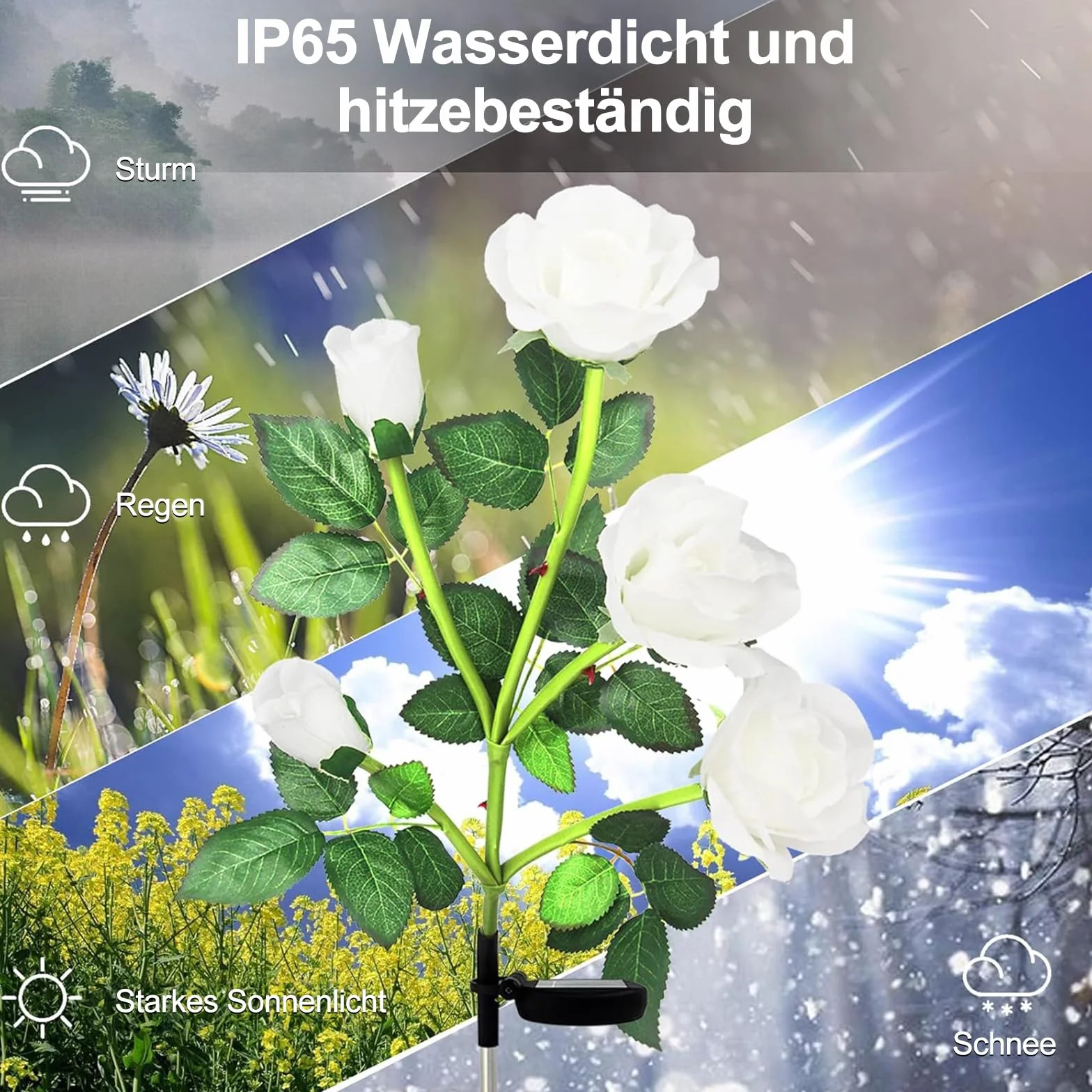 HELESIN Lampy solarne do ogrodu, 2 sztuki, klasa wodoszczelności IP65, solarne kwiaty, na zewnątrz, odporne na warunki atmosferyczne, 5 płatków róż, białe