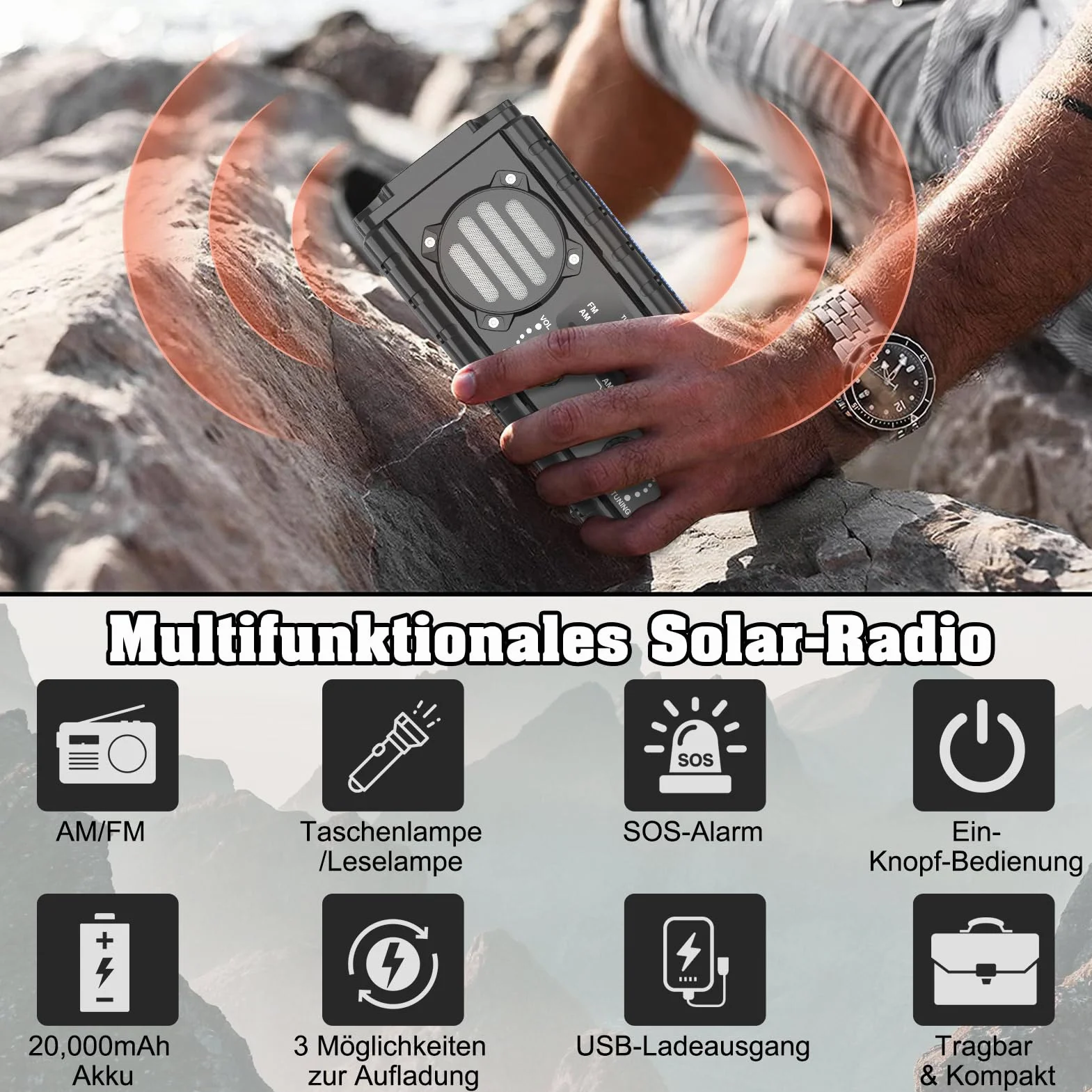 Nigecue Radio Solarne 20000mAh Przenośne z Korbą Dynamo AM/FM Wbudowana Bateria 3 Tryby LED Latarki Lampa Czytania Czujnik Ruchu