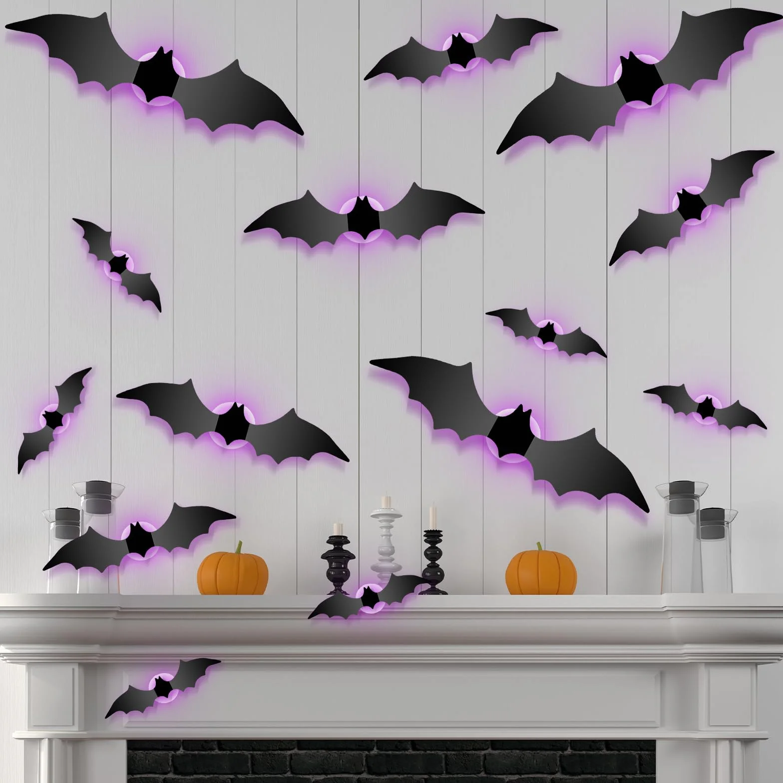 GoldRock 28 szt., 4 rozmiary, 3D nietoperz dekoracyjne naklejki LED na Halloween, duże naklejki dekoracyjne nietoperze na Halloween, gotyckie naklejki dekoracyjne nietoperze, Halloween nietoperze LED