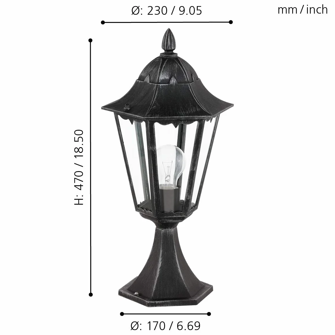 EGLO Navedo zewnętrzna lampa cokołowa Navedo, 1-punktowa lampa zewnętrzna, lampa cokołowa z odlewu aluminiowego w kolorze czarnym ze srebrną patyną i szkłem w kolorze przezroczystym, oprawka E27, IP44