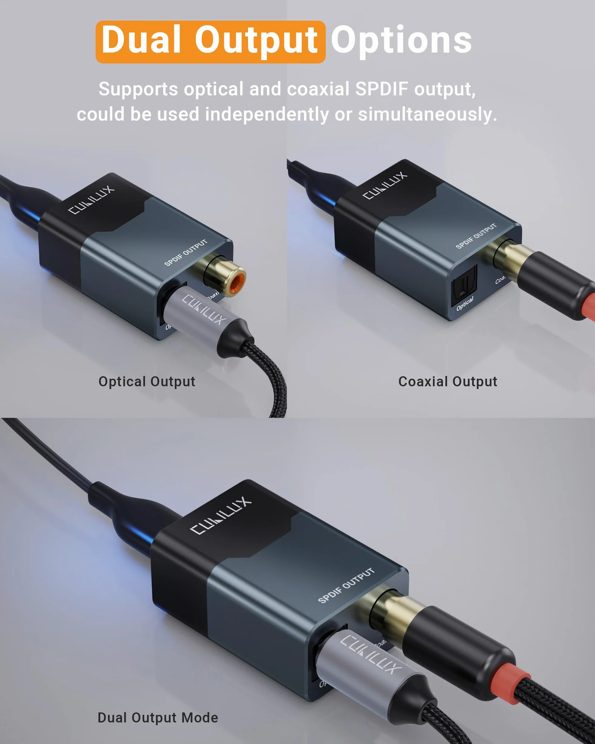 Cubilux USB C/A na optyczny i koncentryczny adapter audio SPDIF, 192 kHz 24 bit PCM, stereo i 5.1 passthrough wyjście cyfrowe, TOSLINK i koncentryczny podwójny port, Plug and Play do laptopa, PC