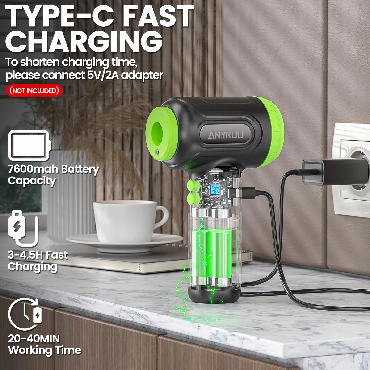 Anykuu Odkurzacz samochodowy 2 w 1 7600 mAh 91000 obr/min 3 prędkości
