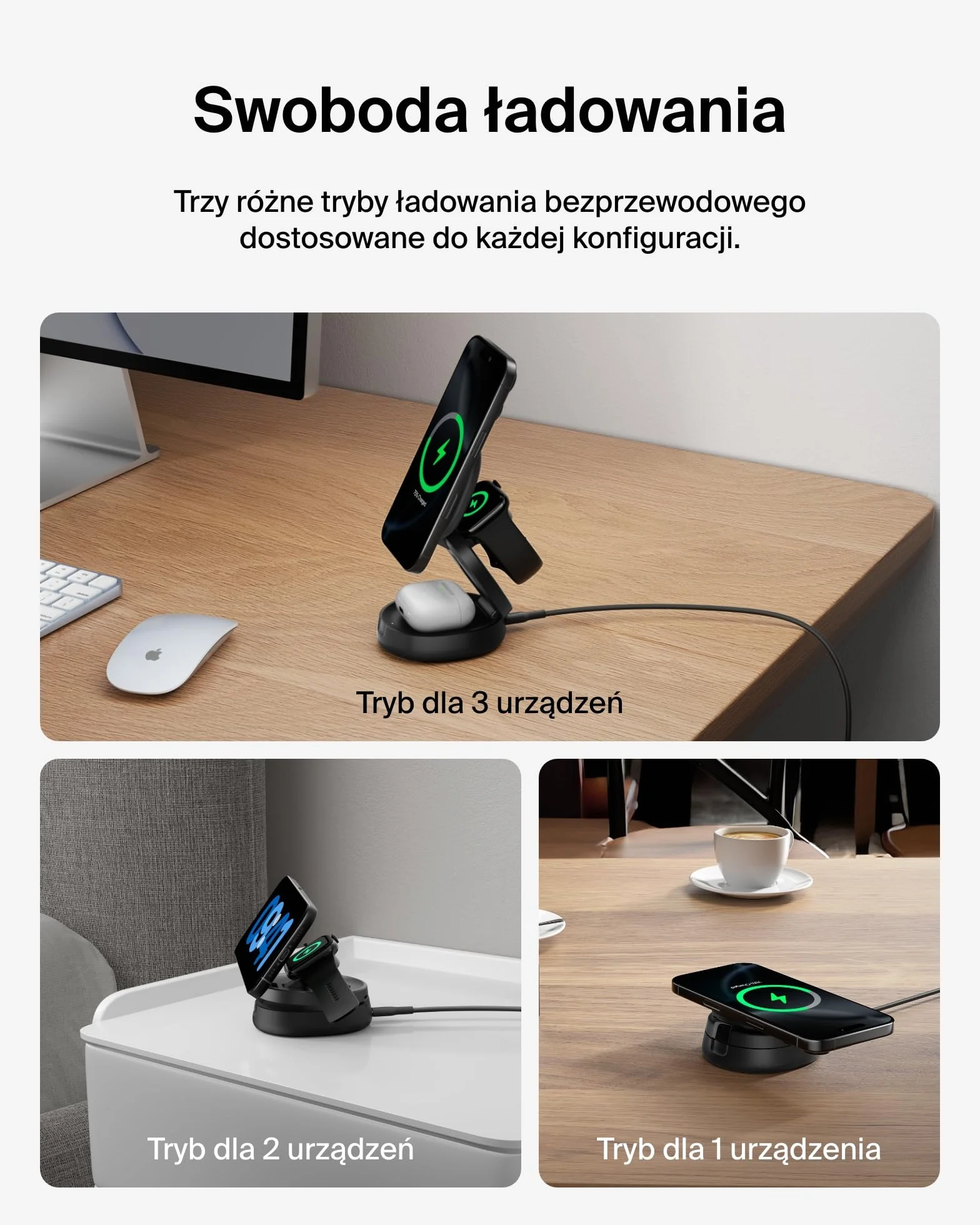 Belkin ładowarka bezprzewodowa 3 w 1 MagSafe 15W Qi2 do iPhone 16 Apple Watch AirPods czarna