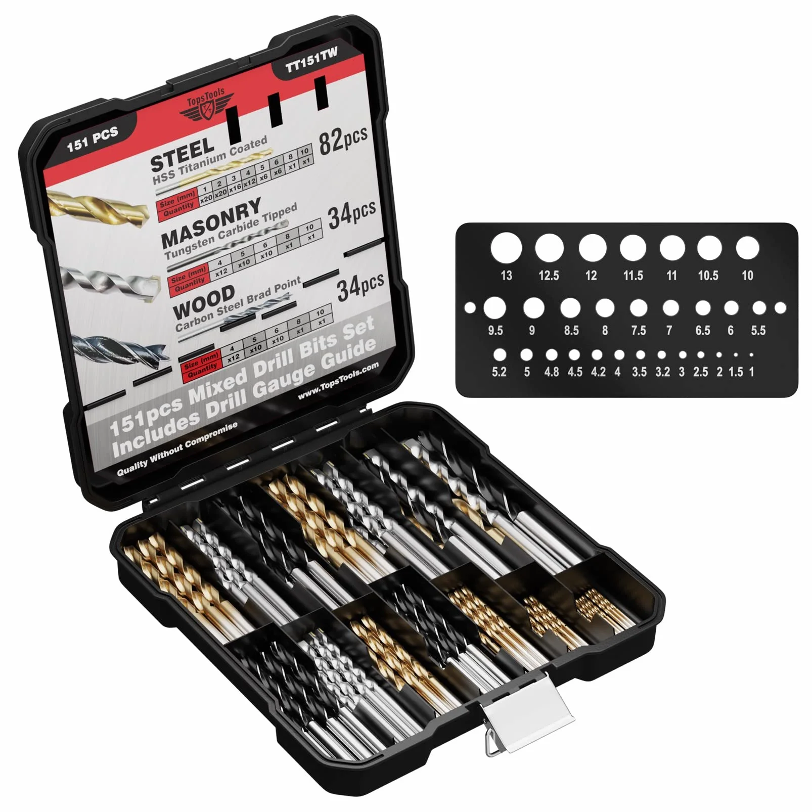 TopsTools 151pcs TT151TW 1mm 10mm Drewno Beton Cegła Wiertła Trwały | Mixed HSS, carbide masonry i brad-point drewno bits zapewniają trwały wiercenie across metal, masonry, drewno i plastiku