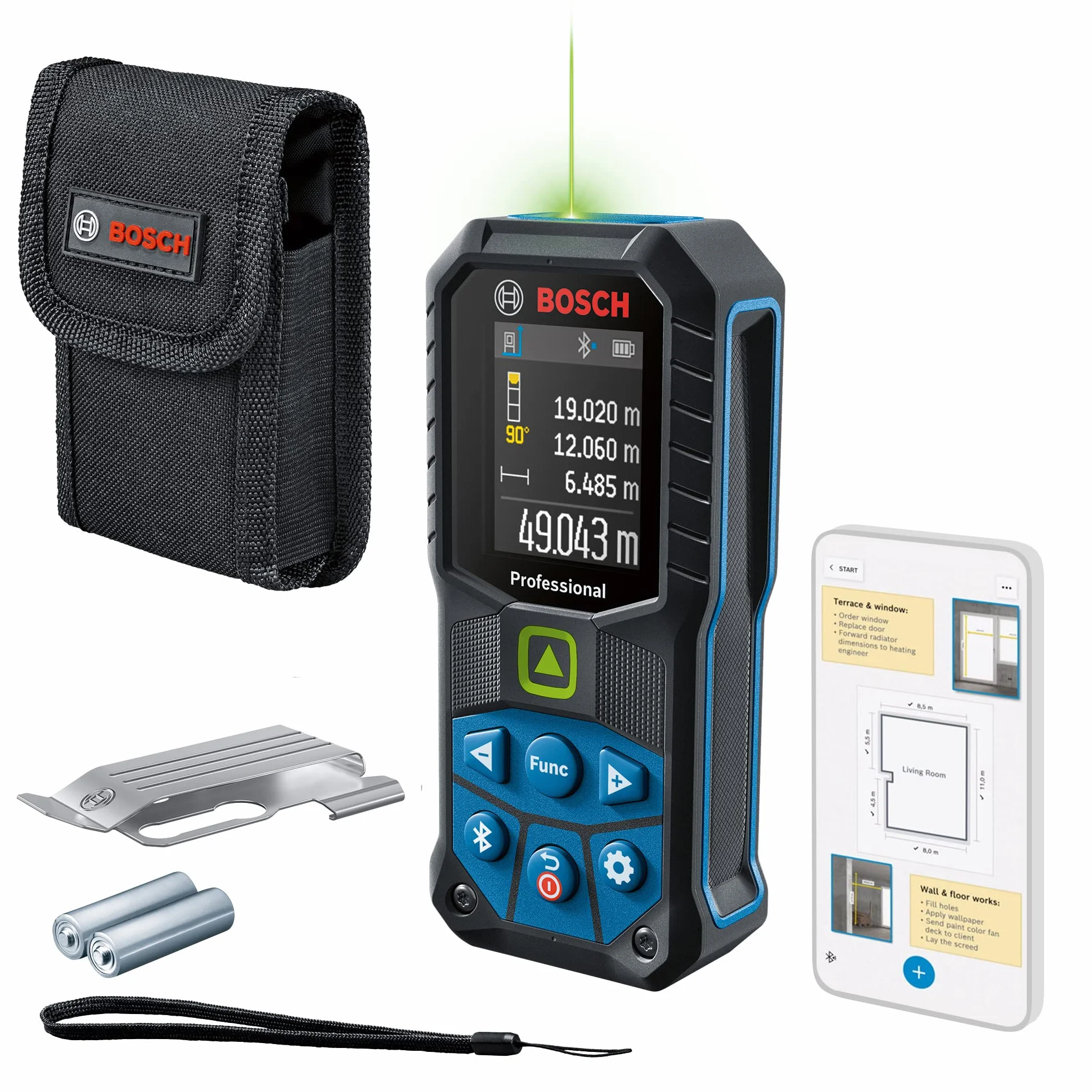 Bosch Professional Dalmierz laserowy GLM 50-27 CG + zaczep do paska (zielona wiązka, zasięg: do 50 m, wytrzymały, IP65, Bluetooth, 2 baterie AA, uchwyt na rękę, pokrowiec) – Amazon Exclusive Set