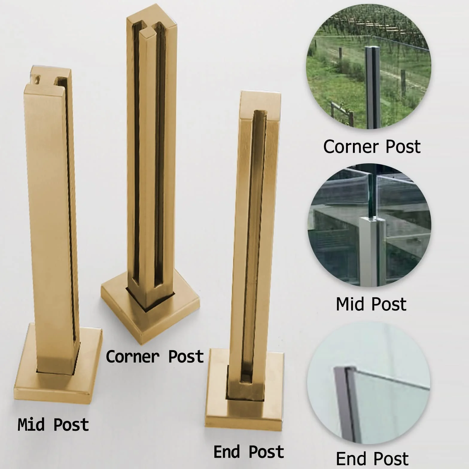 Złoty słupek końcowy do szklanej balustrady 80/80 cm - trwałe podparcie do paneli metalowych/drewna/szkła hartowanego (8-12 mm) - idealny na balkon i schody