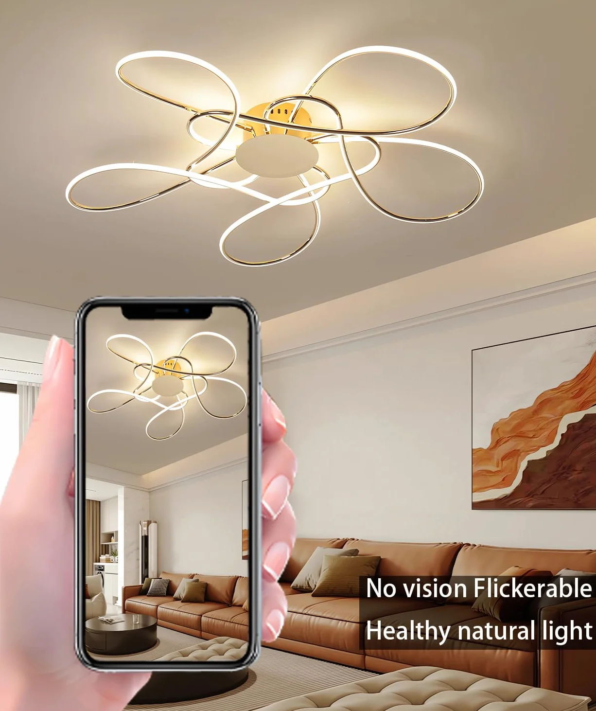 Lampa sufitowa LED do salonu Nowoczesna Prosta reatywna lampa Sufitowa z pilotem zdalnego sterowania Ściemnialne oświetlenie sufitowe Sypialnia Wpuszczane wiszące 3200-6500K (Złoto, Φ90cm)