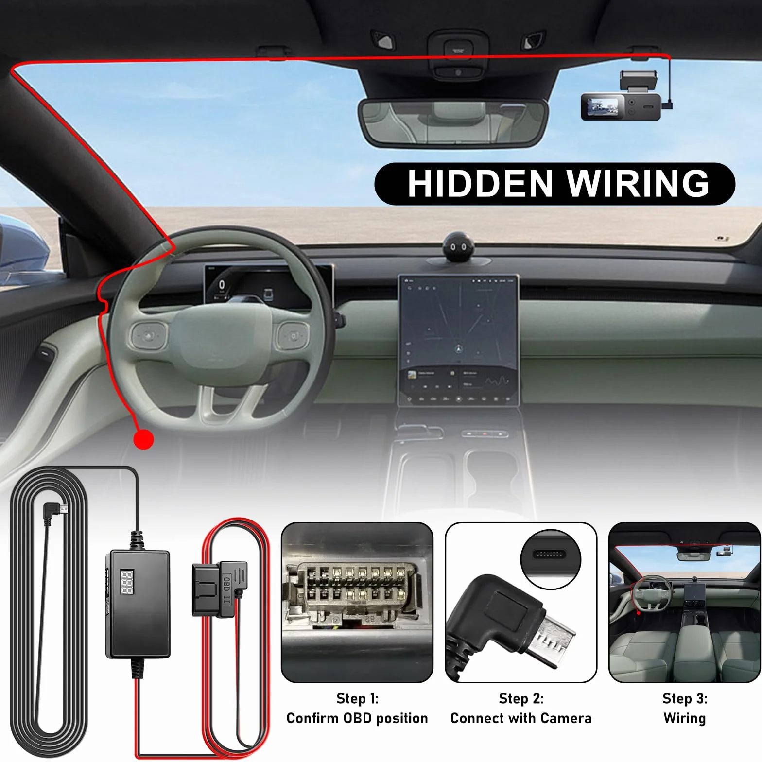 Aicharynic Dash Cam Hardwire Kit, kabel OBD do USB C 2 V-24 V do 5 V, ochrona przed zbyt niskim napięciem