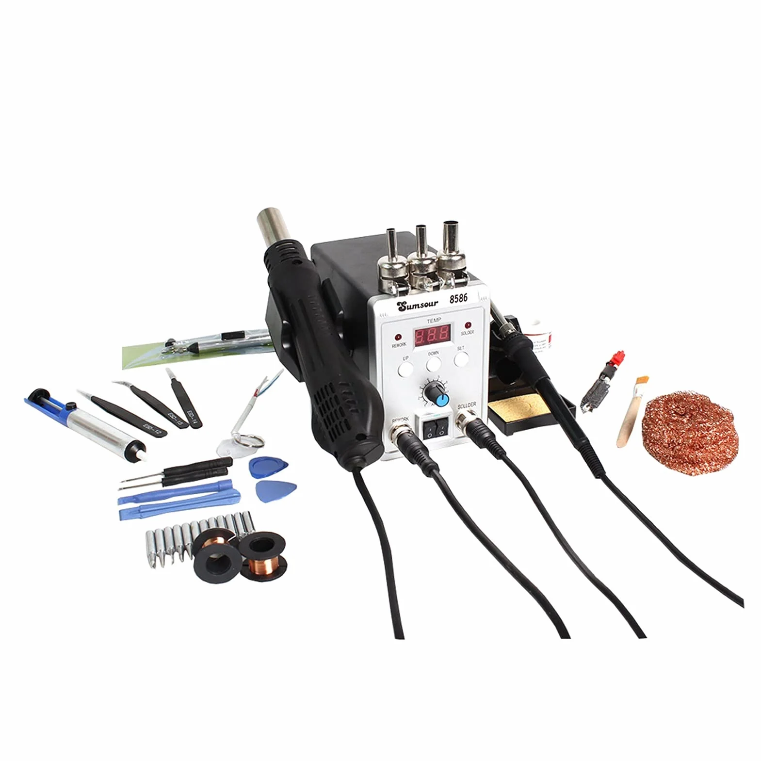 Stacja lutownicza, 2 w 1 SMD. Regork Lutownica Stacja 8586 700W Gorące Pistolet 60 W Żelazo Lutownicze z narzędziami do naprawy opuszczania