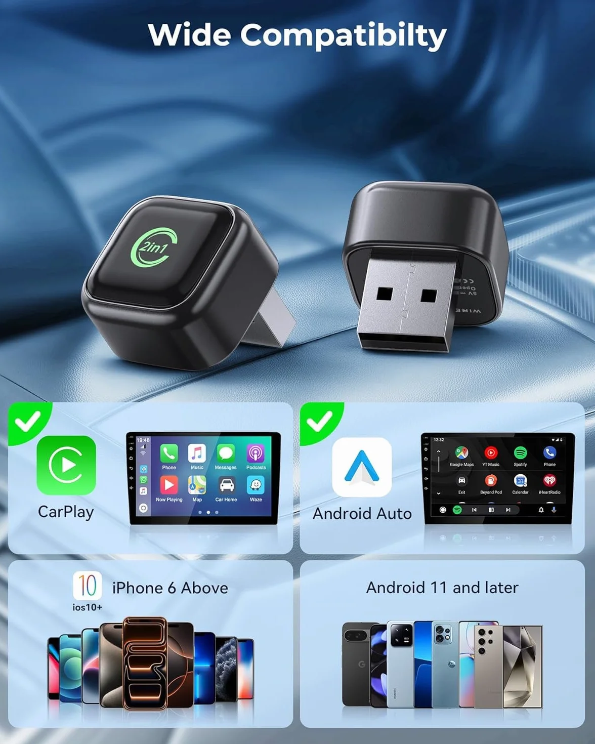 Bezprzewodowy adapter CarPlay i Android Auto 2 w 1 5,8 GHz Pro – natychmiastowe przełączanie dla rodzin z wieloma kierowcami, konwersja z przewodowego na bezprzewodowy w samochodach OEM, szybkie autom
