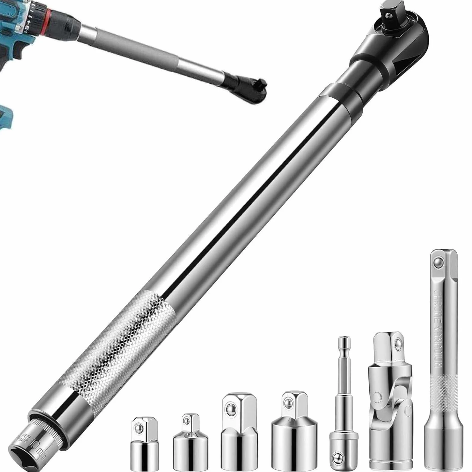 Klucz Przedłużający Offset Do Wiertarki Elektrycznej, 4 Adaptery Nasadowe + 1 Adapter Do Wiertarki Elektrycznej 1/2 Cala + 1 Nasadka Przegubowa + 1 Przedłużka, Do Ciasnych Przestrzeni
