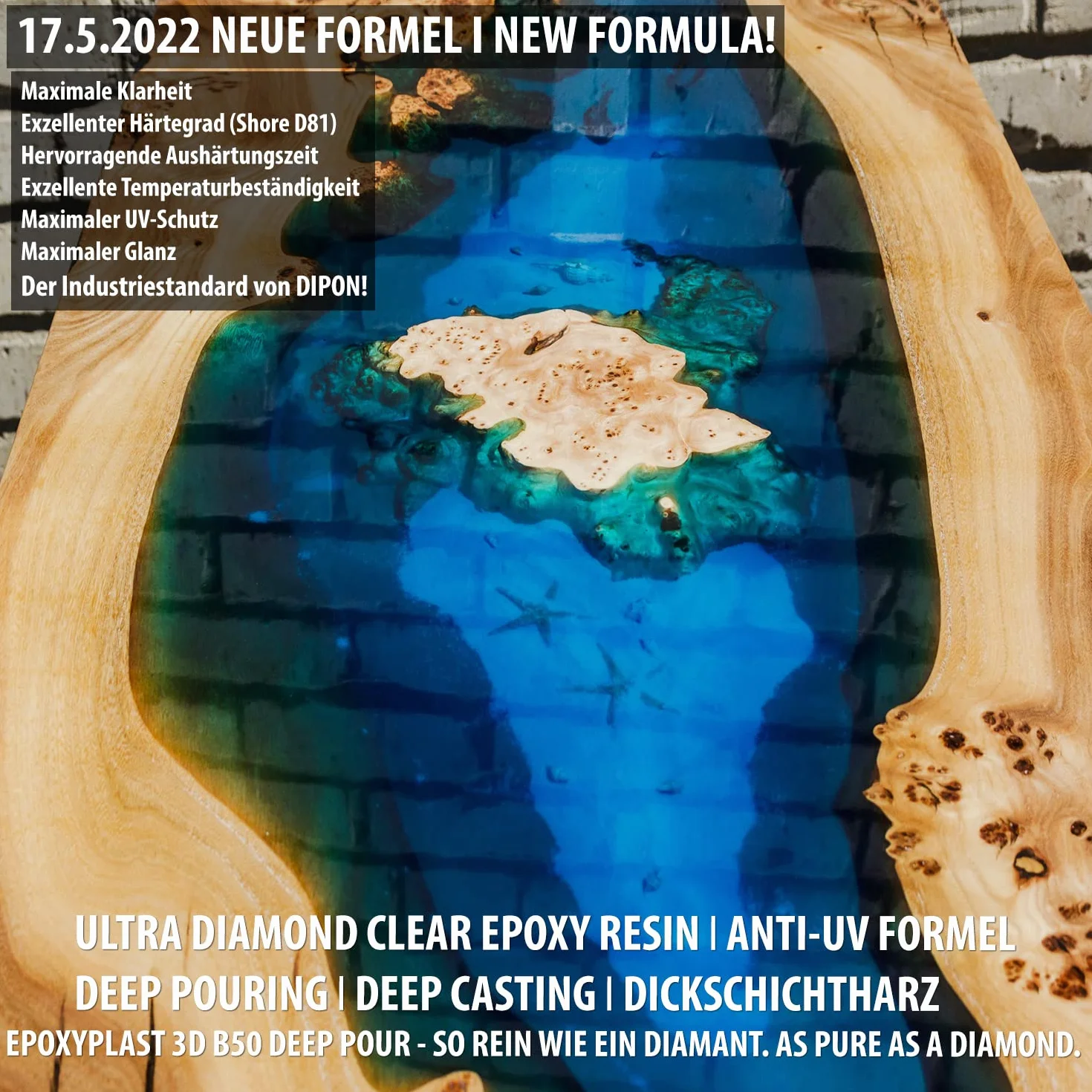 Żywica epoksydowa Epoksydowa, 1,5 kg, 3D, B50, DEEP POUR, wysokość odlewania do stołów rywertycznych, ultra diamentowa przezroczysta, maksymalna ochrona przed promieniowaniem UV, żywica odlewnicza
