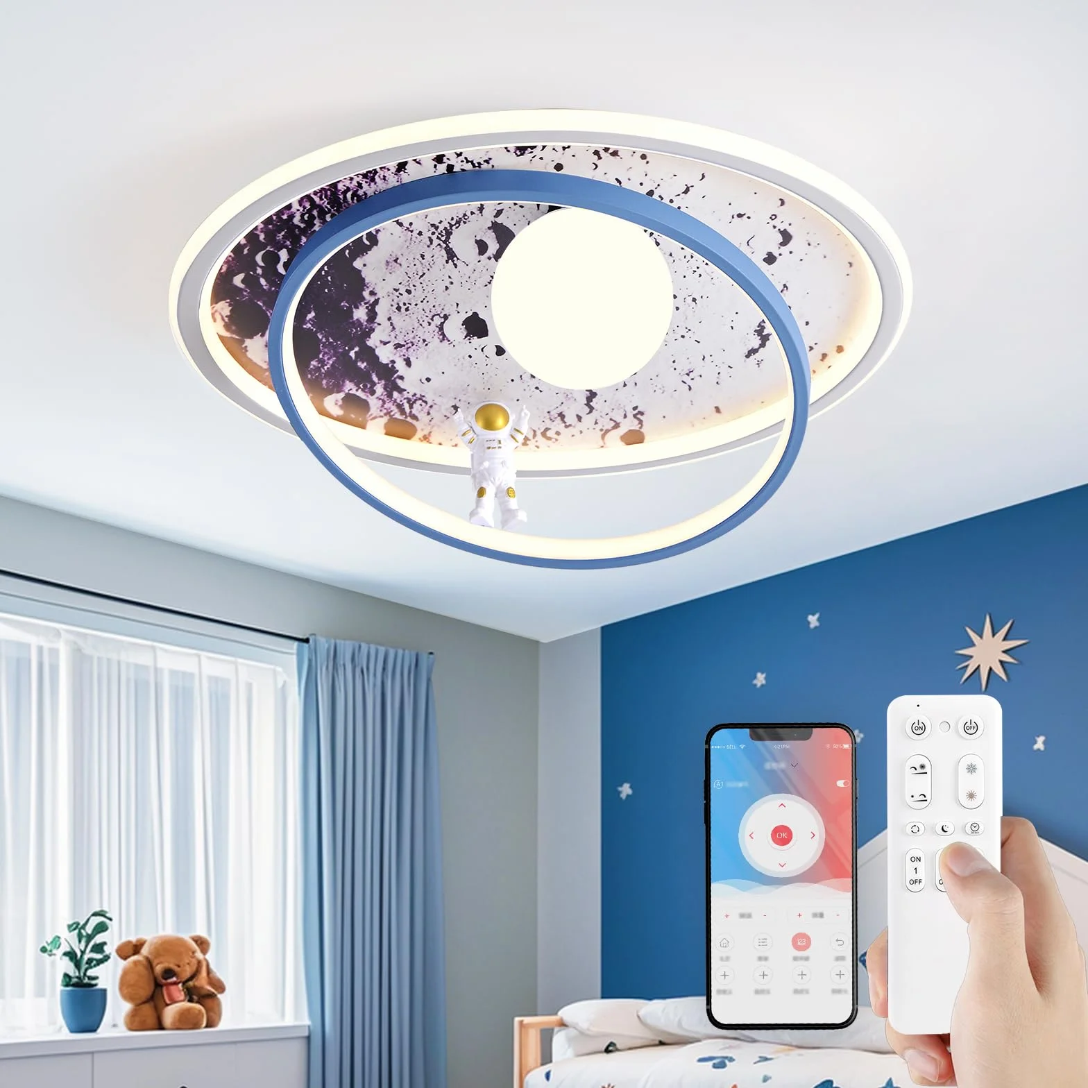 Lampa sufitowa do pokoju dziecięcego, ściemniana, lampa sufitowa LED, księżyc, astronauta, lampa sufitowa z pilotem zdalnego sterowania, dla dzieci, dziewczynek, chłopców, do salonu, sypialni, pokoju