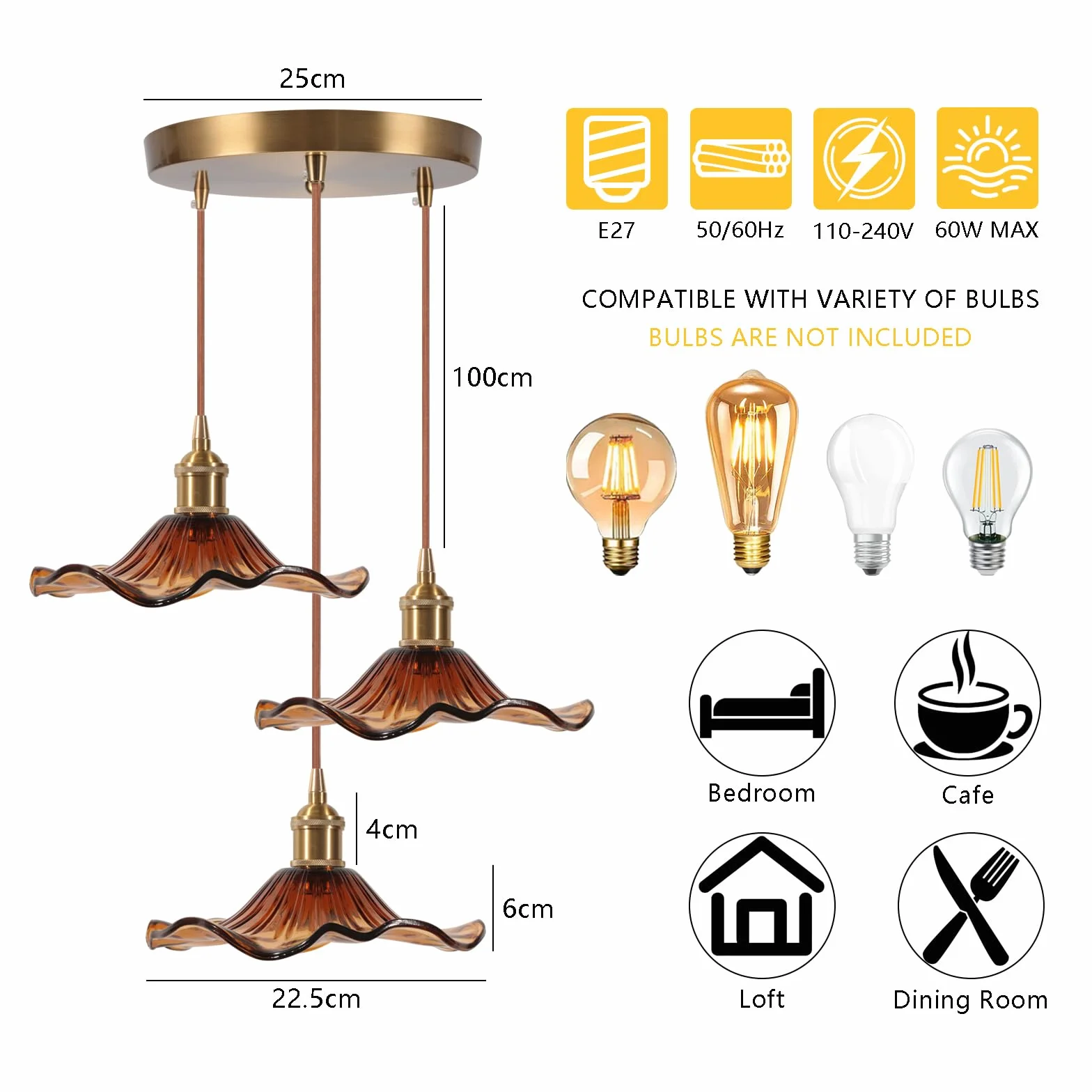 3 Lampy Wiszące ze Szklanego Bursztynu w Stylu Kwiatowym z Posrebrzanego Mosiądzu Nowoczesne Oświetlenie Sufitowe Art Déco Wewnętrzne Zawieszone Do Salonu, Jadalni, Sypialni, Kuchni